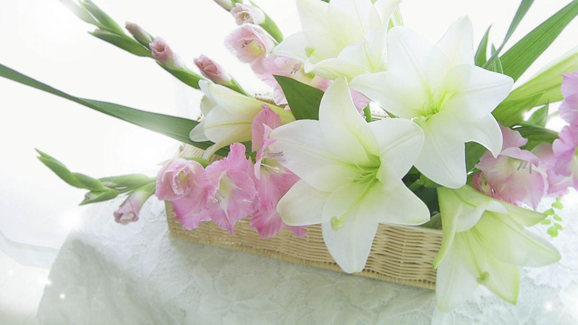 1920x1080 Download Wallpaper 1920x1080 lilies, gladiolus, flowers, box, composition, tenderness, tablecloth Full HD 1080p HD Background