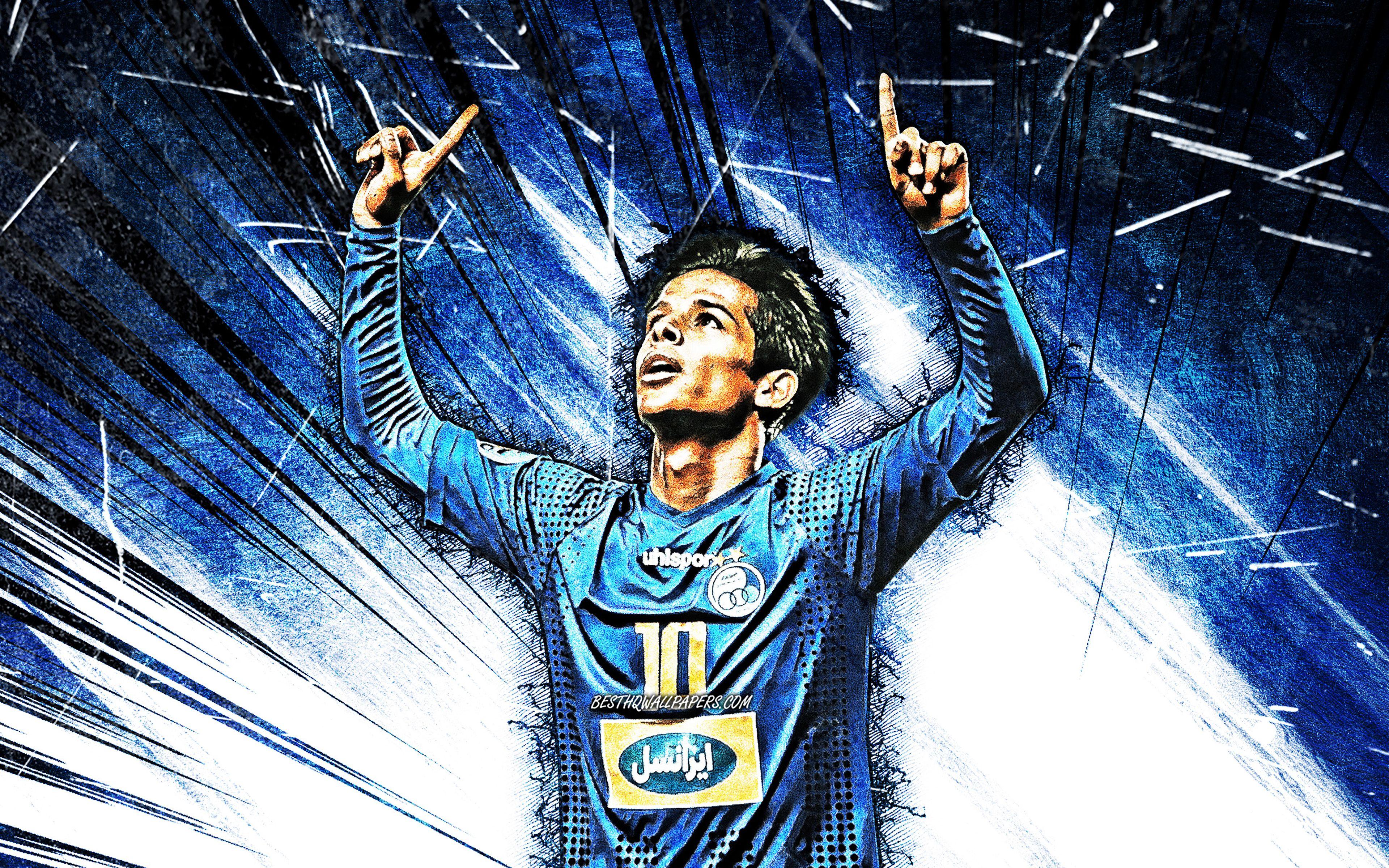 3840x2400 Download wallpaper 4k, Mehdi Ghayedi, grunge art, iranian footballers, Esteghlal FC, soccer, Persian Gulf Pro League, midfielder, Patosi, blue abstract rays, Esteghlal Tehran, Iran, Mehdi Ghayedi Esteghlal for desktop with resolution 3840x2400