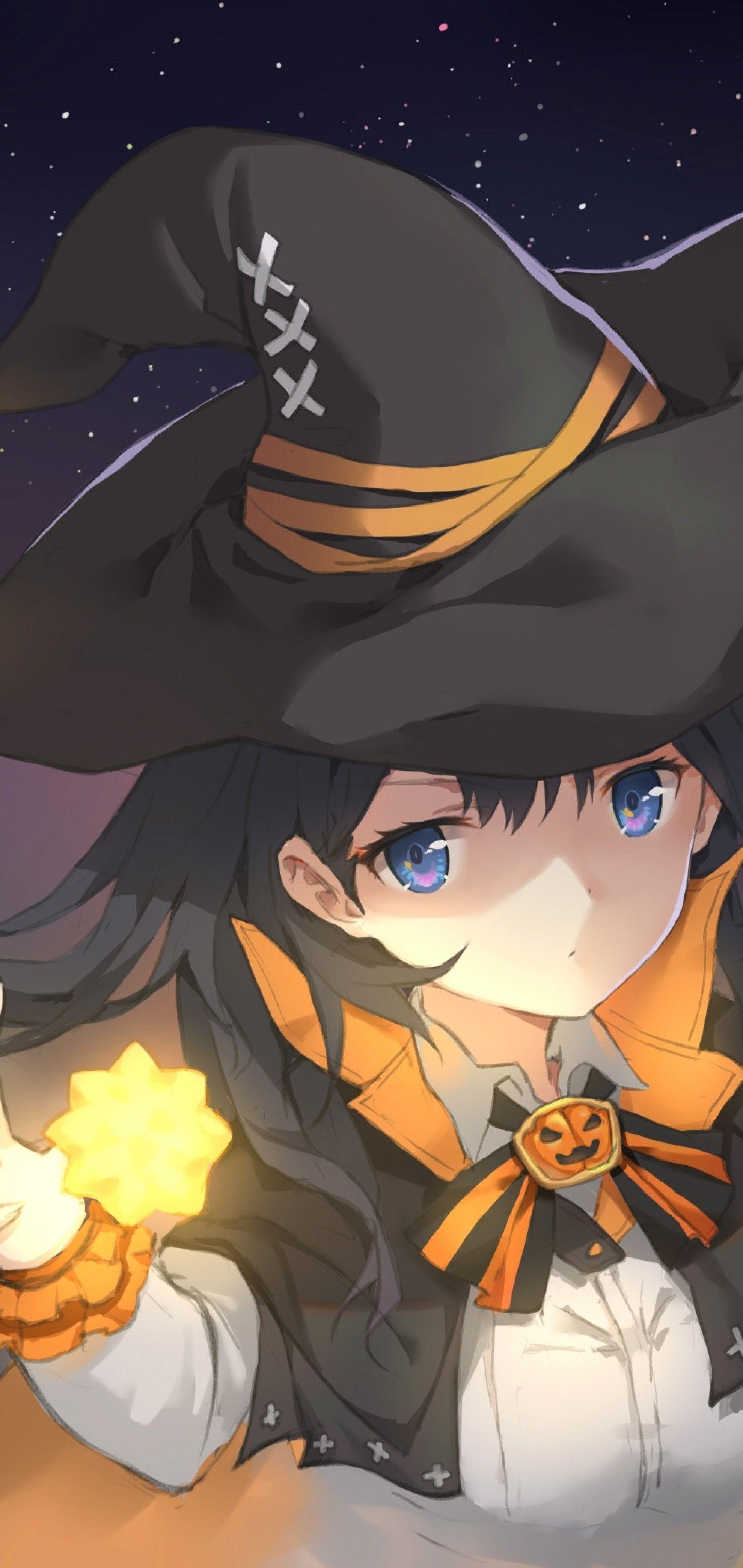 1440x3040 Download 1440x3040 Anime Witch Girl, Halloween, Cape, Stars Wallpaper for Samsung Galaxy S10 Plus