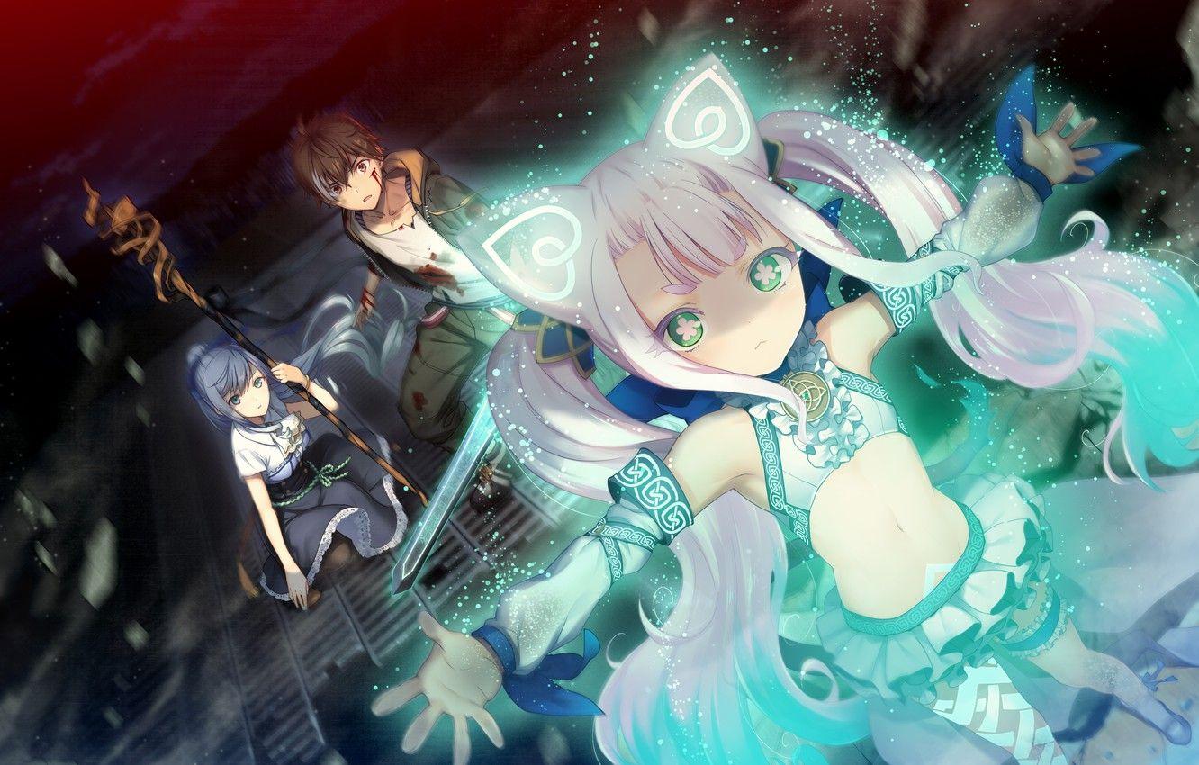 1332x850 Wallpaper cat, girl, sword, girl, staff, guy, witch, games, anime, art, Deep One image for desktop, section игры