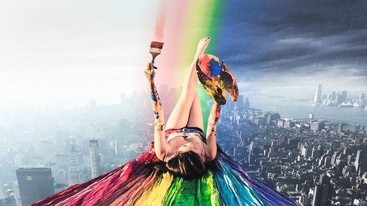 1280x720 Wallpaper Rainbow, Girl, Paint, Cityscape, Surreal, Dream, HD, Creative Graphics / Most Popular,. Wallpaper for iPhone, Android, Mobile and Desktop