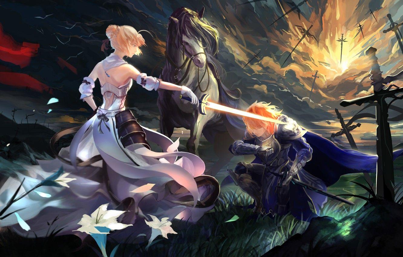 1332x850 Wallpaper girl, flowers, weapons, horse, sword, anime, petals, warrior, art, ice, guy, saber, fate stay night, emiya shirou image for desktop, section сэйнэн