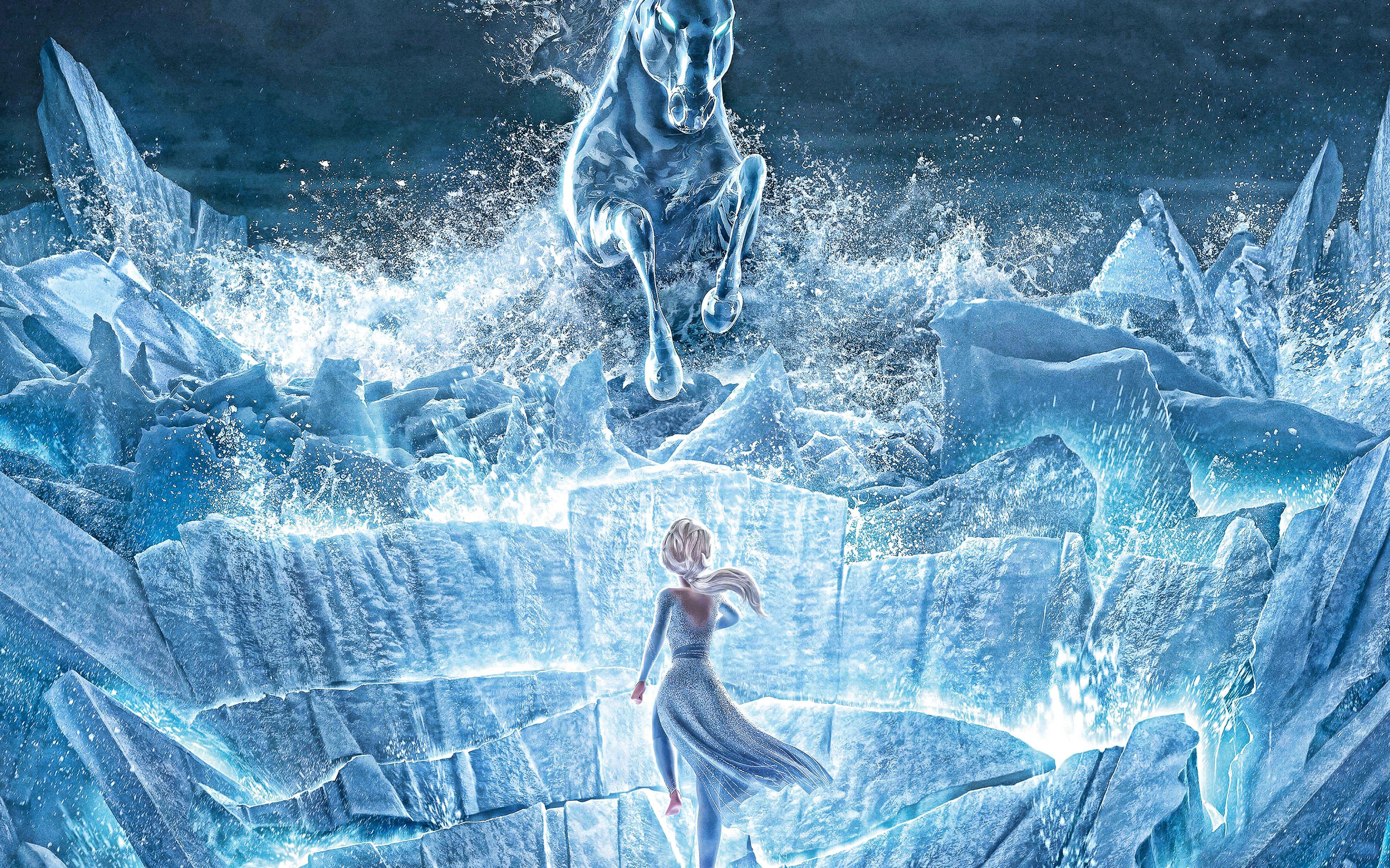 3840x2400 Download wallpaper Elsa, Frozen promo poster, creative art, main character, ice horse for desktop with resolution 3840x2400. High Quality HD picture wallpaper