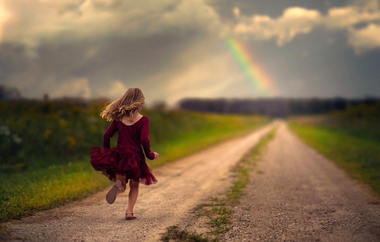 1332x850 Wallpaper road, rainbow, dress, running, girl image for desktop, section ситуации