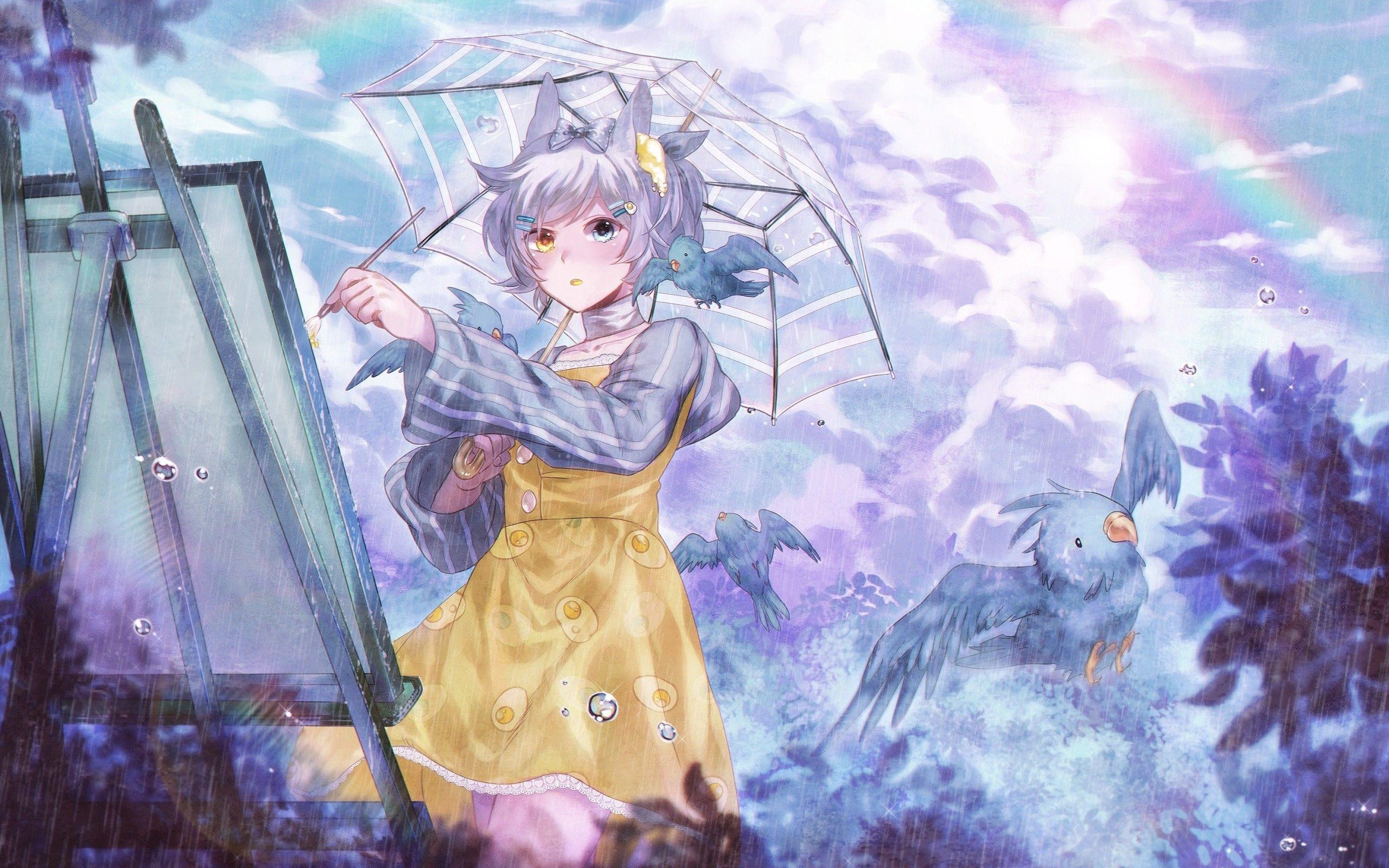 2560x1600 Download 2560x1600 Anime Girl, Raining, Animal Ears, Rainbow, Birds, Gray Hair Wallpaper for MacBook Pro 13 inch