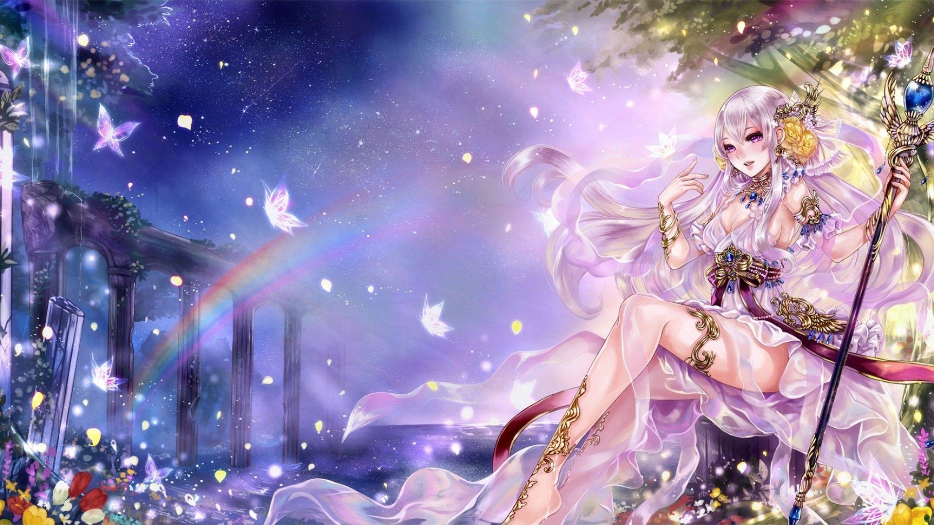 1920x1080 Download 1920x1080 Anime Girl, Fantasy, Butterflies, Staff, Magic, Landscape, Bridge, Rainbow, Nature Wallpaper for Widescreen