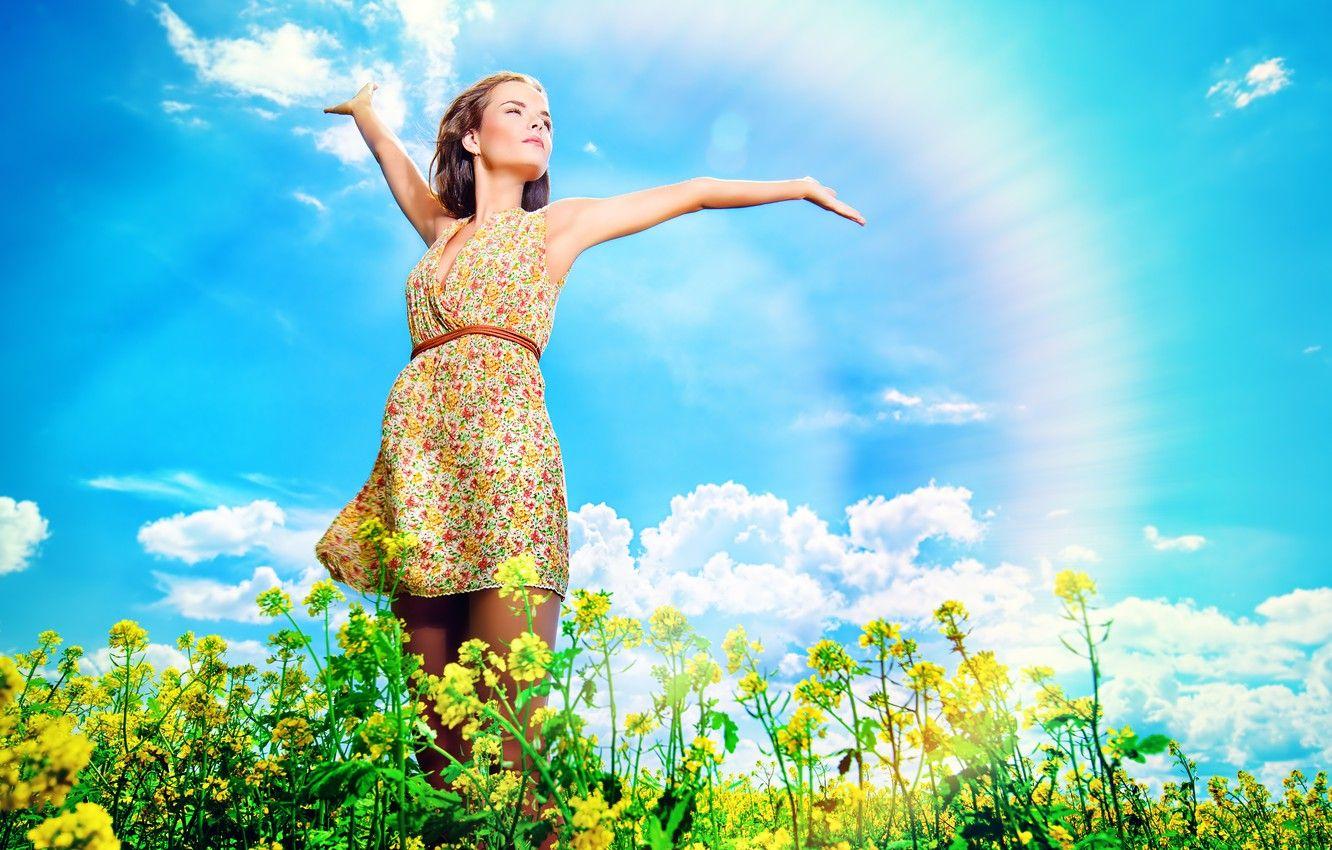 1332x850 Wallpaper the sky, girl, clouds, nature, rainbow, rainbow, girl, brown hair, sky, brown hair, nature, clouds, wildflowers, wild flowers image for desktop, section настроения