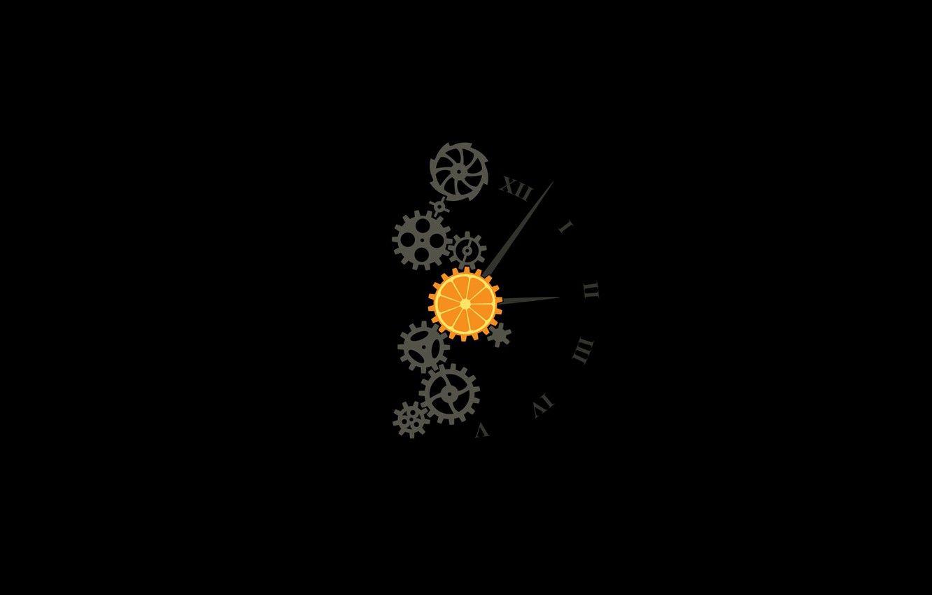 1332x850 Wallpaper minimalism, gears, hands, numbers, black background, simple background, Clock image for desktop, section минимализм