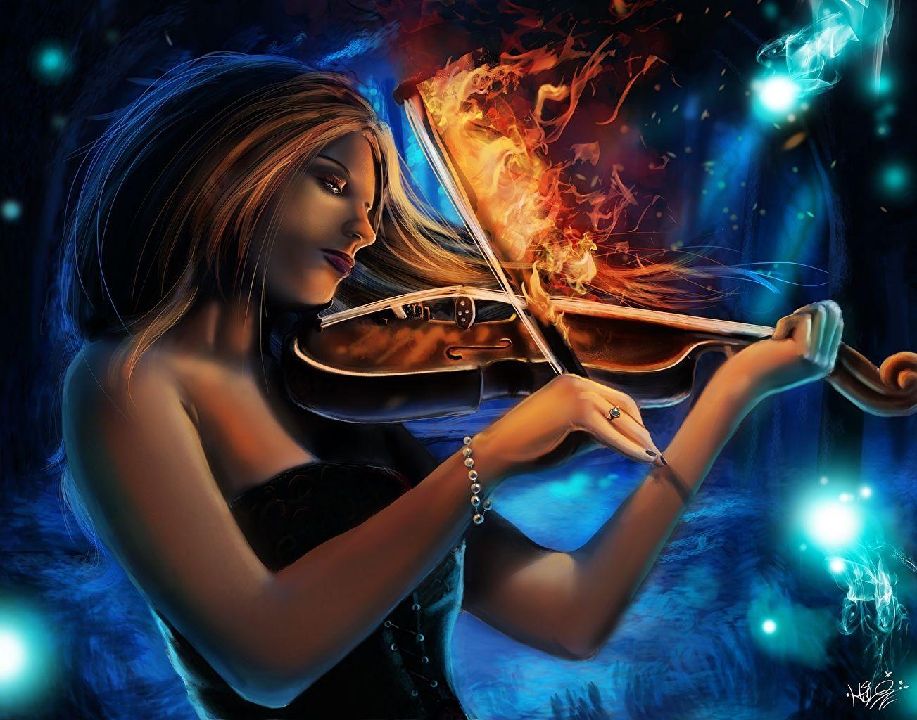 1303x1024 Desktop Wallpaper Violin sorcery Burning Lullaby female 1303x1024