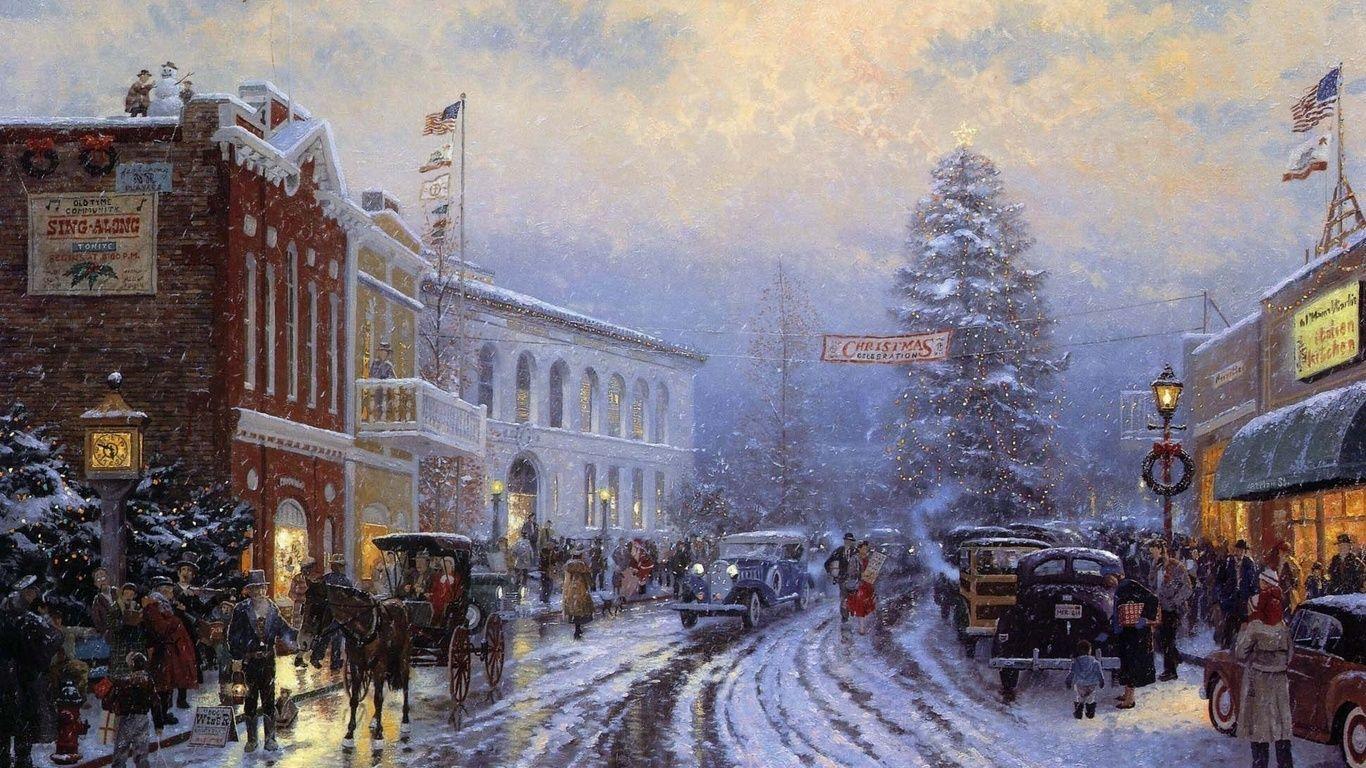 1366x768 Wallpaper Christmas Christmas Holiday Tree Vintage Free Thomas Kinkade Wallpaper Desktop HD Wallpaper