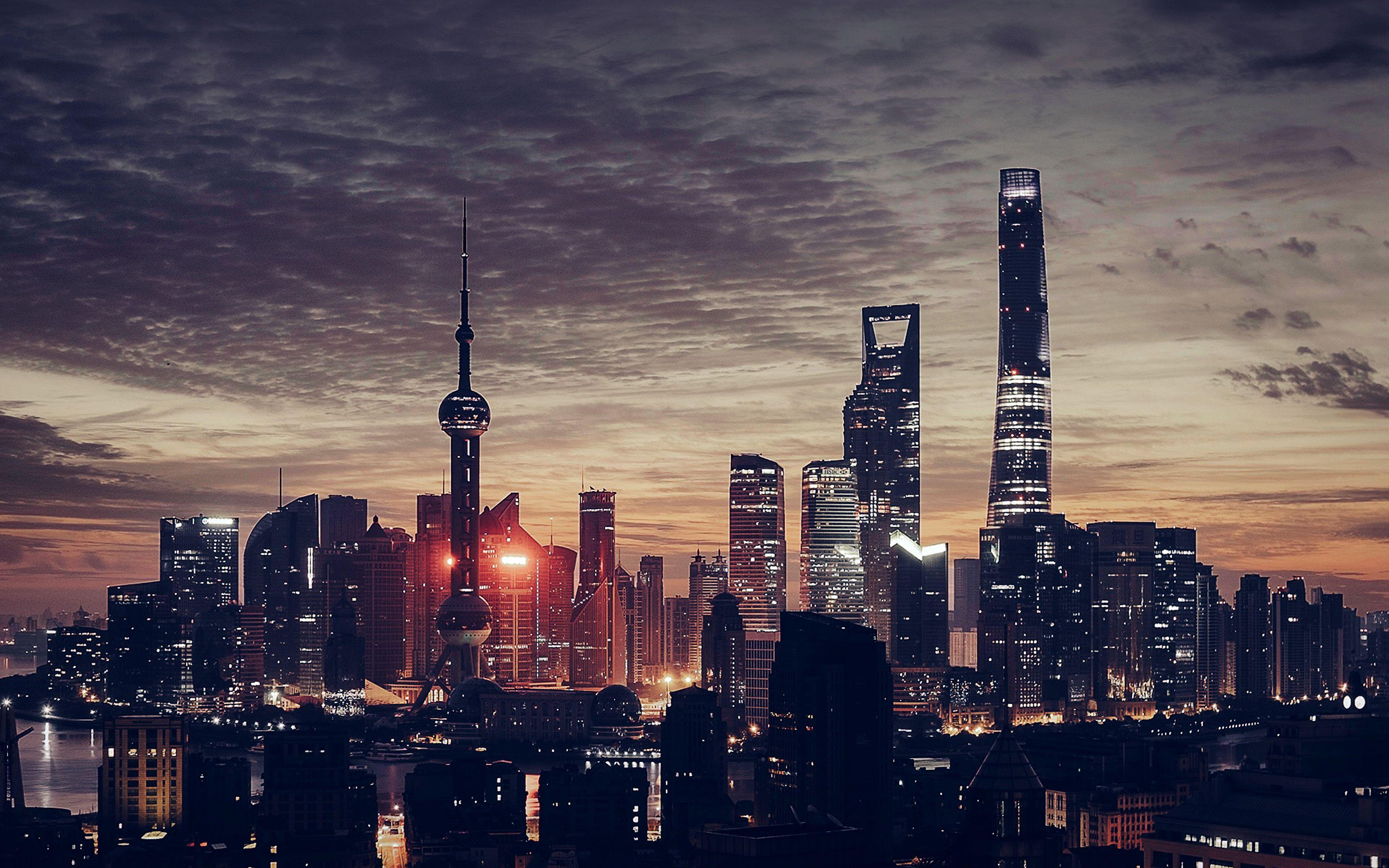 3840x2400 City Shanghai Night Building Skyline Sunset Romantic Wallpaper