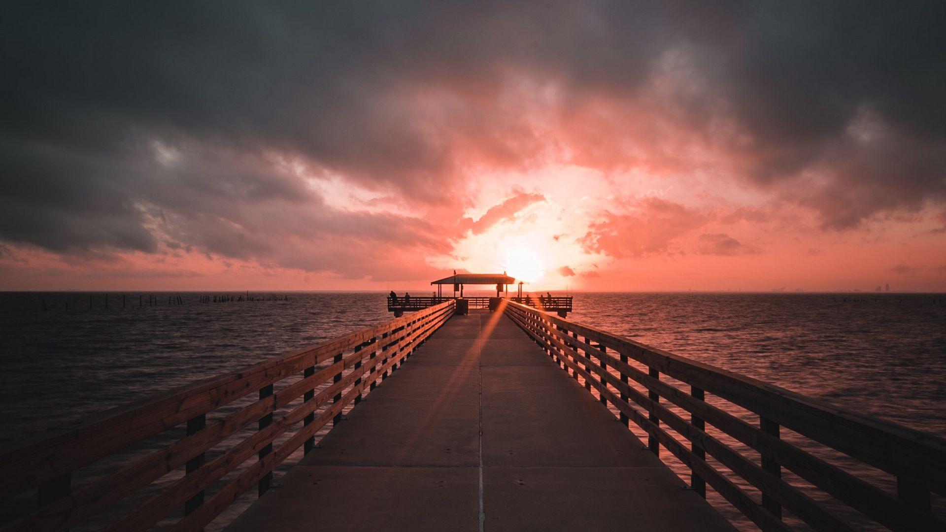 1920x1080 Download wallpaper 1920x1080 pier, sea, skyline, sunset, overcast full hd, hdtv, fhd, 1080p HD background