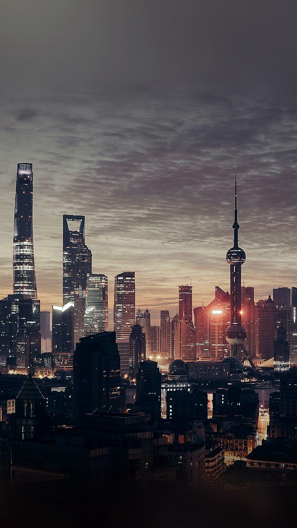 1242x2208 City Shanghai Night Building Skyline Sunset Wallpaper