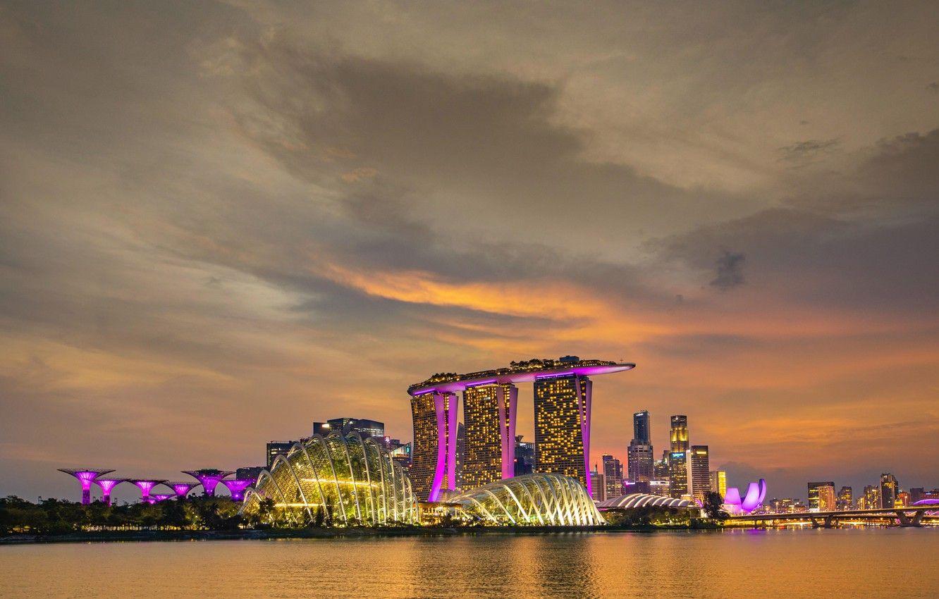 1332x850 Wallpaper city, twilight, skyline, sunset, modern, water, glow, dusk, Singapore, reflection, buildings, architecture, 6k HD background image for desktop, section город