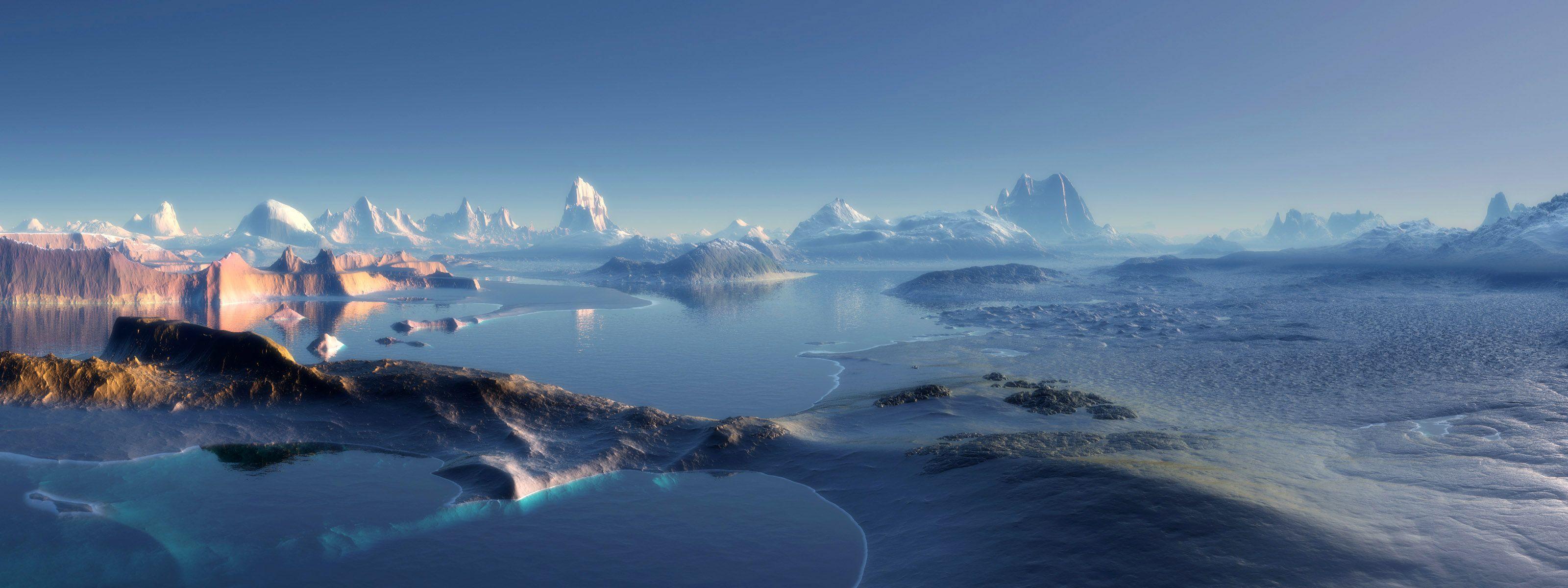 3200x1200 dual screen, Alaska, nature, ice, white, cold, water, snow, Canada, blue, oceans, sea, winter, panoramic wallpaper