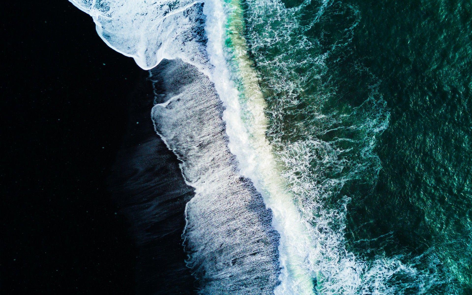 1920x1200 Reynisfjara Black Sand Beach 4K Wallpaper, Waves, Aerial view, Ocean, Iceland, Nature