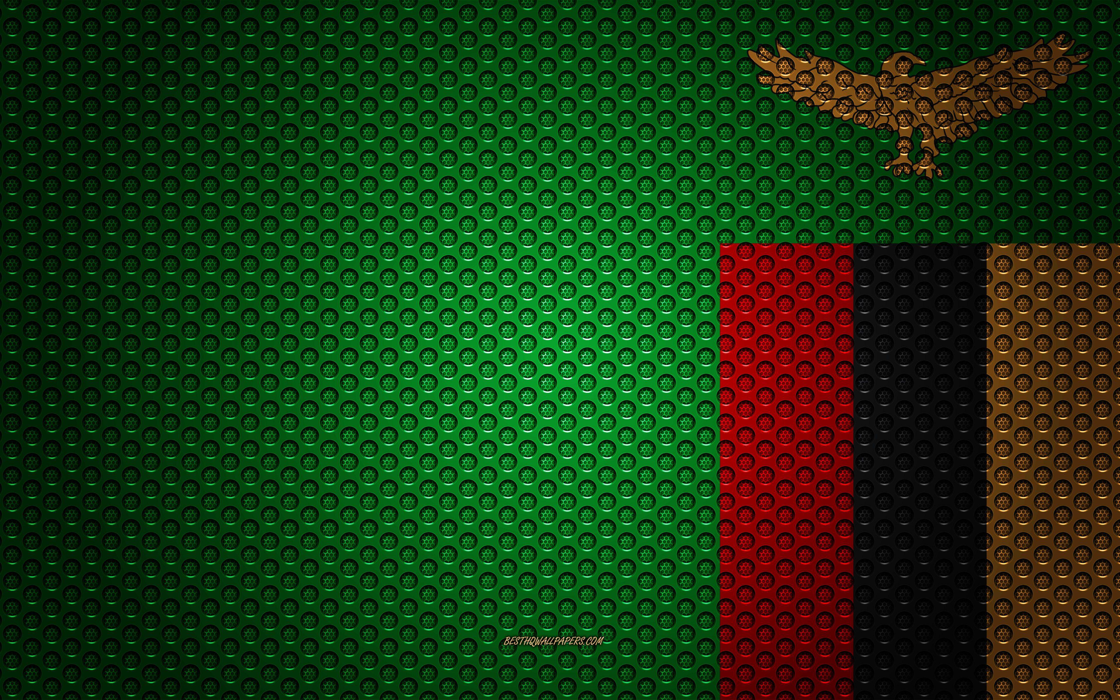 3840x2400 Download wallpaper Flag of Zambia, 4k, creative art, metal mesh texture, Zambia flag, national symbol, Zambia, Africa, flags of African countries for desktop with resolution 3840x2400. High Quality HD picture wallpaper