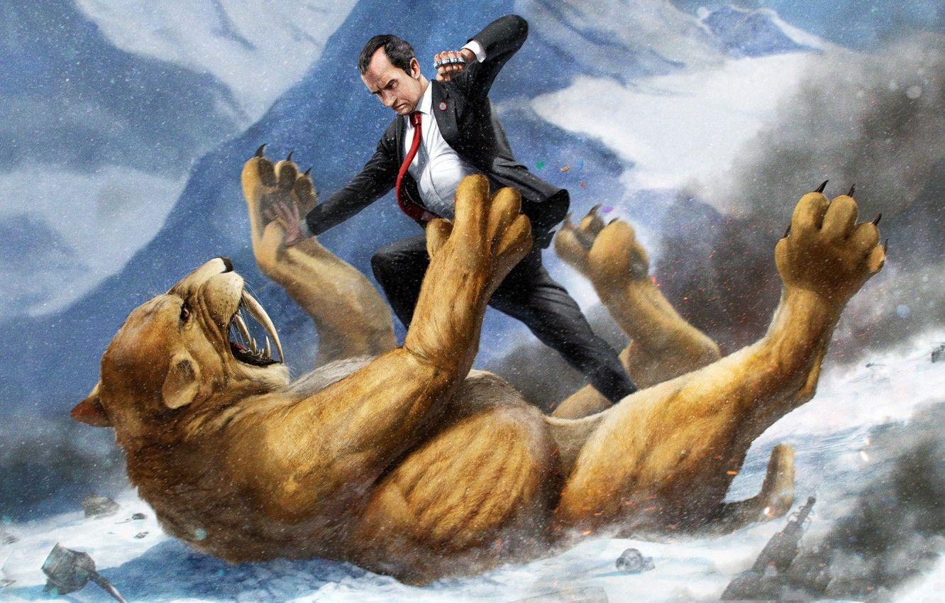 1332x850 Wallpaper Man, Fight, Saber Toothed Tiger Image For Desktop, Section фантастика