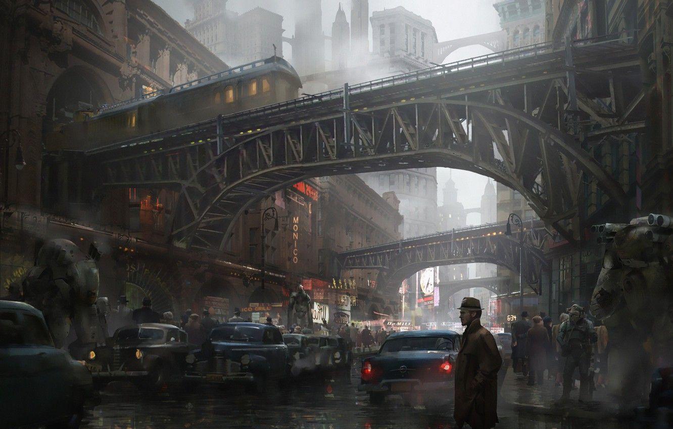 1332x850 Wallpaper Auto, The city, Robot, People, Street, People, Machine, Building, Art, Eddie Mendoza, by Eddie Mendoza, Dieselpunk, The Stacks image for desktop, section фантастика