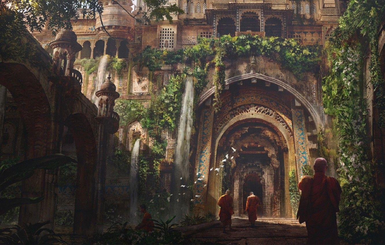 1332x850 Wallpaper road, birds, India, columns, arch, architecture, monks, buddah, by Eddie Mendoza, Buddhist temple image for desktop, section живопись