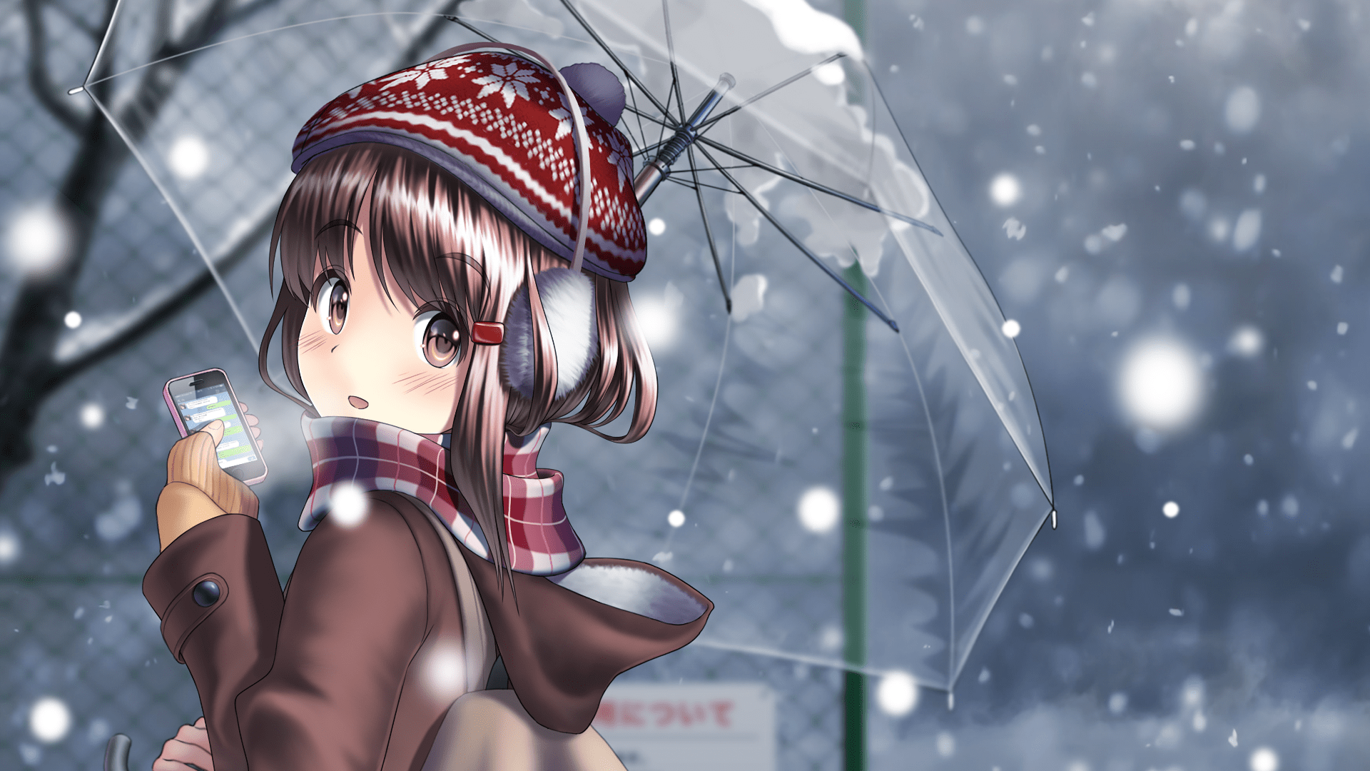 1920x1080 Download 1920x1080 Anime Girl, Winter, Snow, Umbrella, Smartphone, Scarf Wallpaper for Widescreen