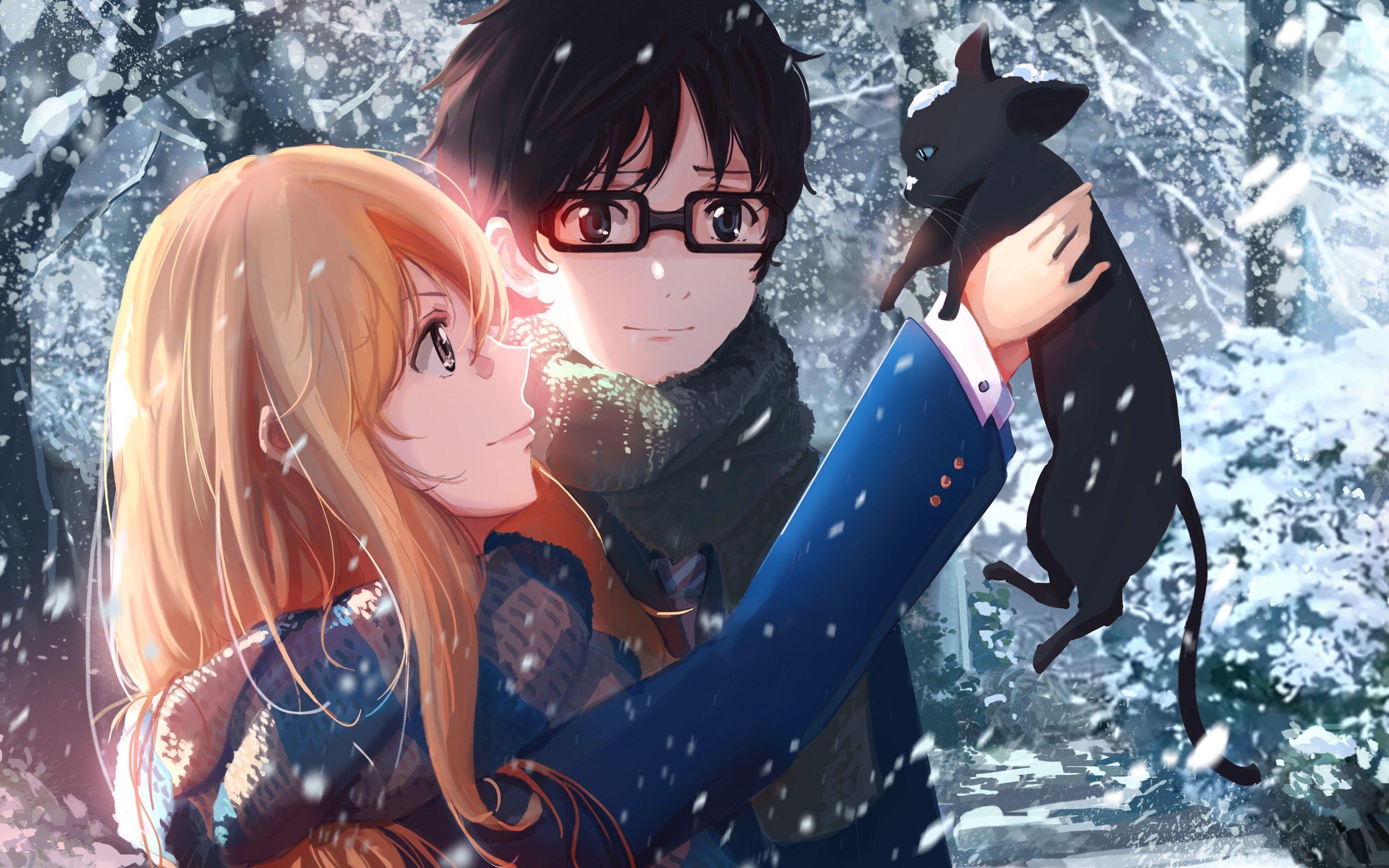 2880x1800 Wallpaper Anime girl and boy in winter, cat, snow 3840x2160 UHD 4K Picture, Image