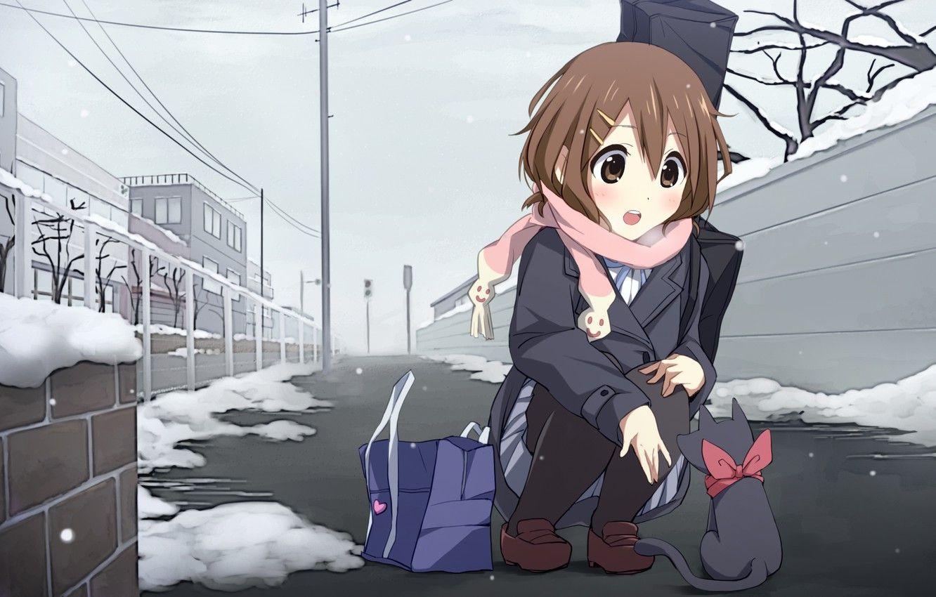 1332x850 Wallpaper Winter, Road, Cat, Snow, Street, Kindness, Guitar, Home, Anime, Girl, Neko, Scarf, Bow, K On, Hirasawa Yui Image For Desktop, Section сёдзё