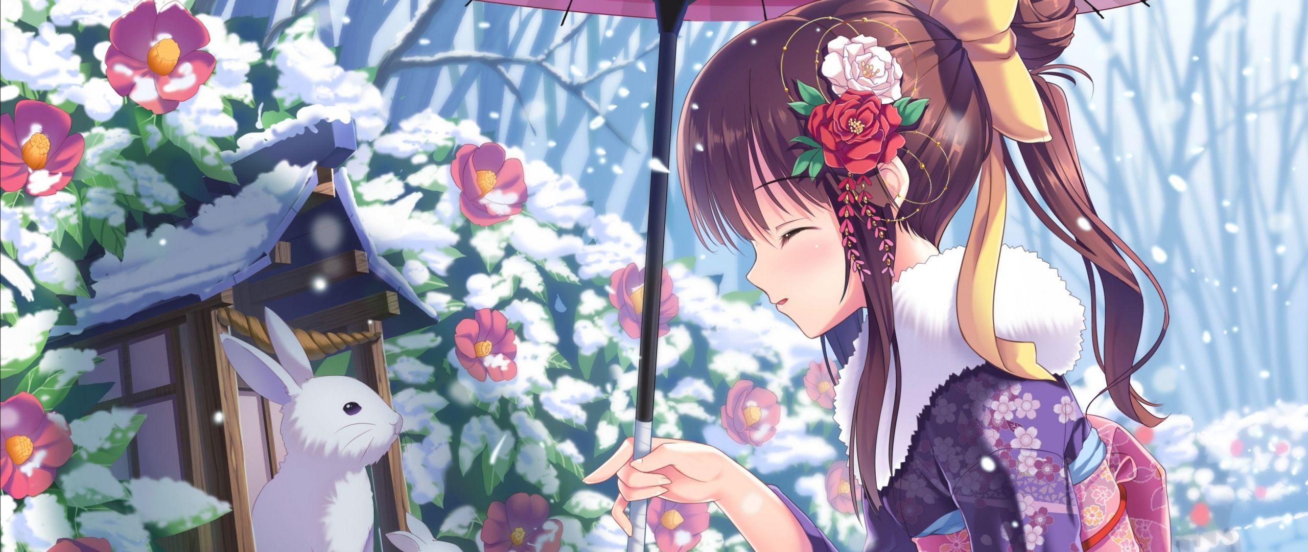 2560x1080 Download anime, girl, beauty, winter, rabbits, snow, 4k Dual Wide display 1080p wallpaper 2560x1080
