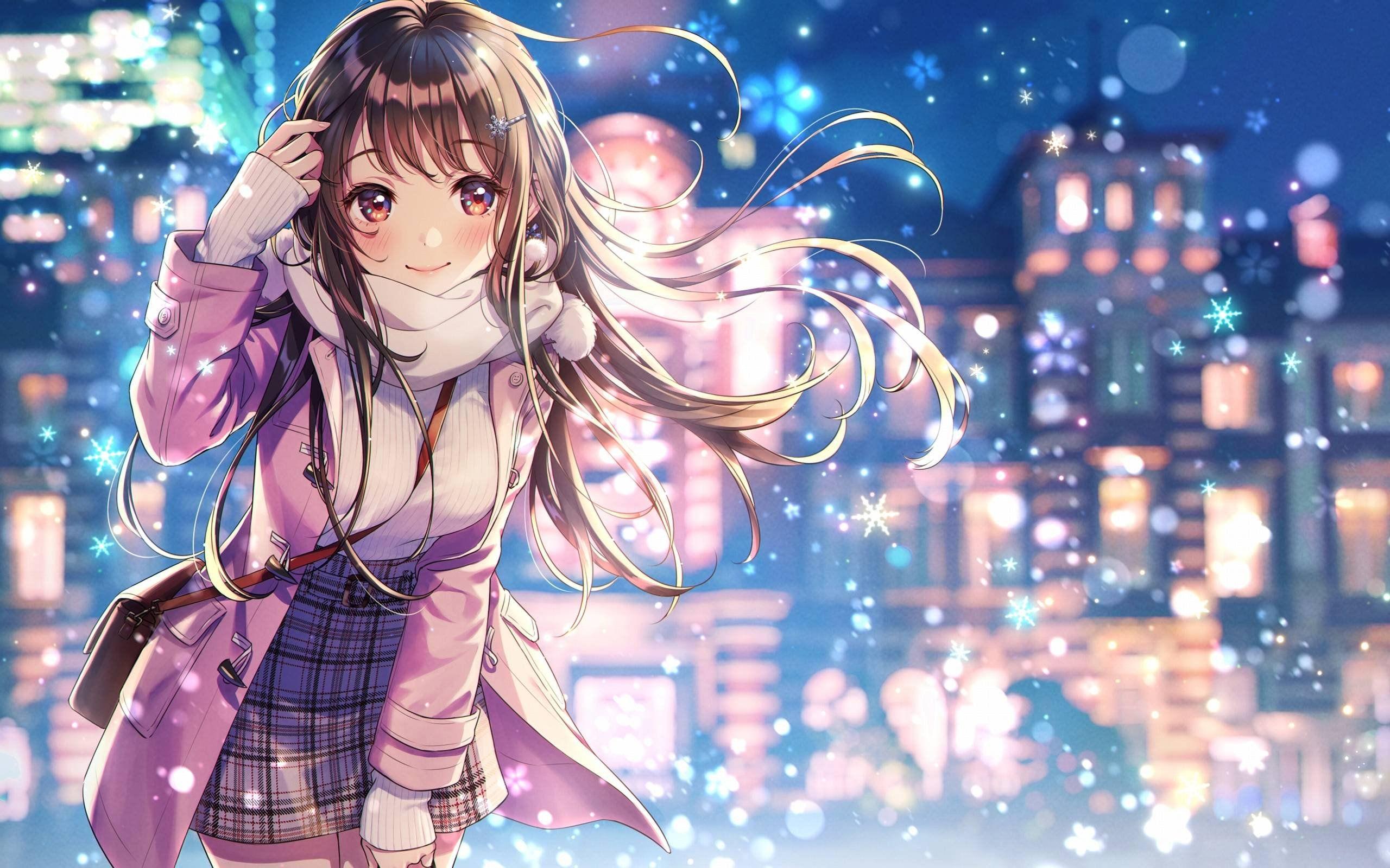 2560x1600 Asian girl with long hair in the winter on the street. wallpaper and image, picture, photo