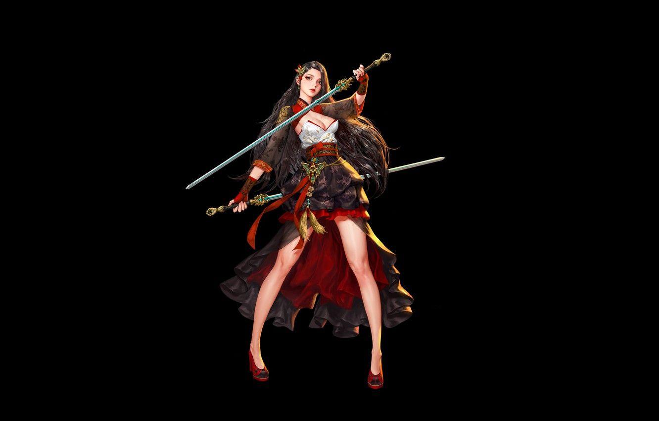 1332x850 Wallpaper Girl, Minimalism, Asian, Girl, Sword, Dress, Fantasy, Swords, Art, Art, Asian, Fiction, Illustration, Minimalism, Character, Sword image for desktop, section минимализм