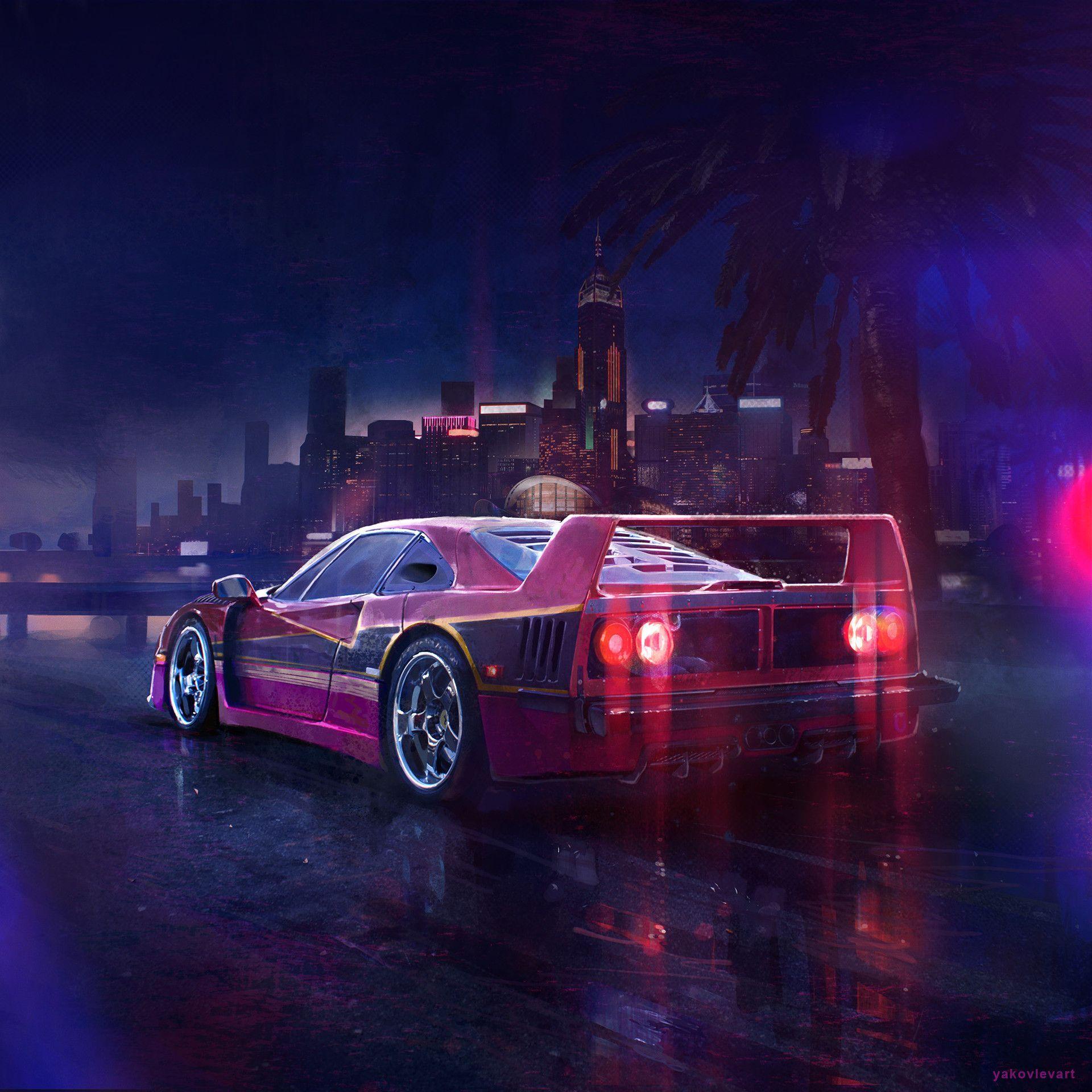 1920x1920 Cyber punk F40 - #ferrari #neon #purple #dark. Synthwave, Cyberpunk, Neon art