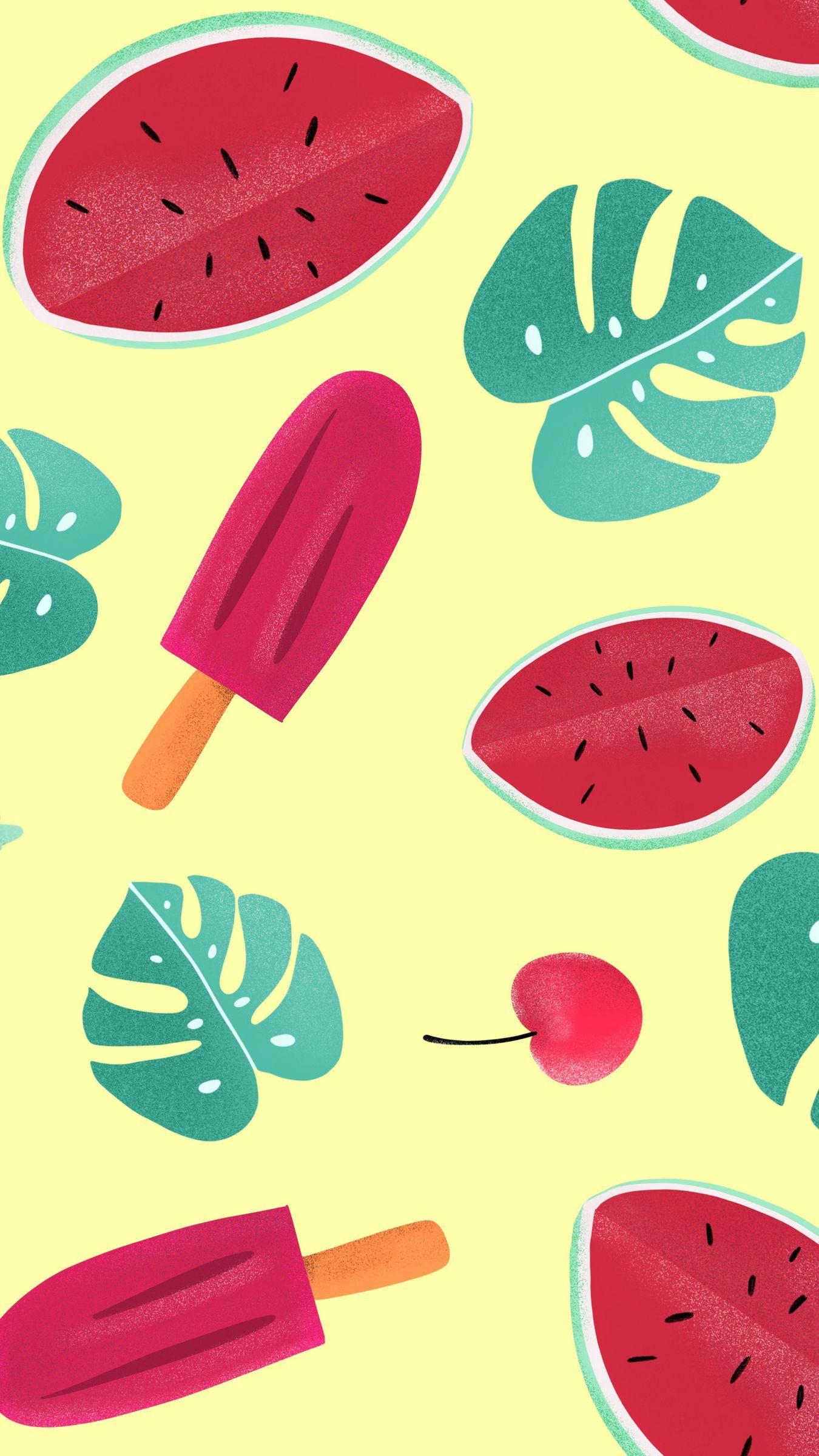 1350x2400 Download wallpaper 1350x2400 ice cream, watermelon, strawberry, leaves, patterns iphone 8+/7+/6s+/for parallax HD background