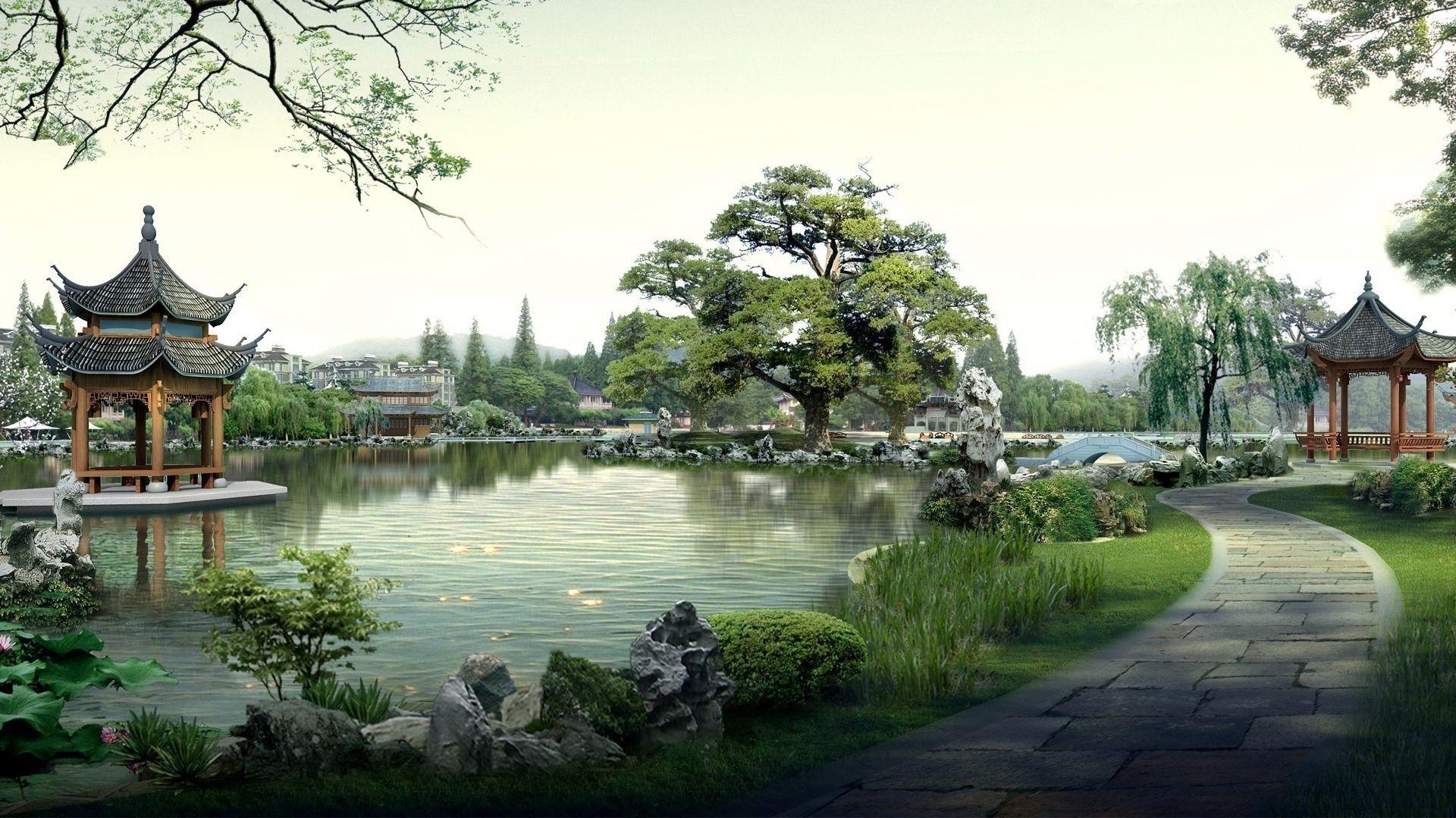 1920x1079 Chinese besetka lake bonsai tree
