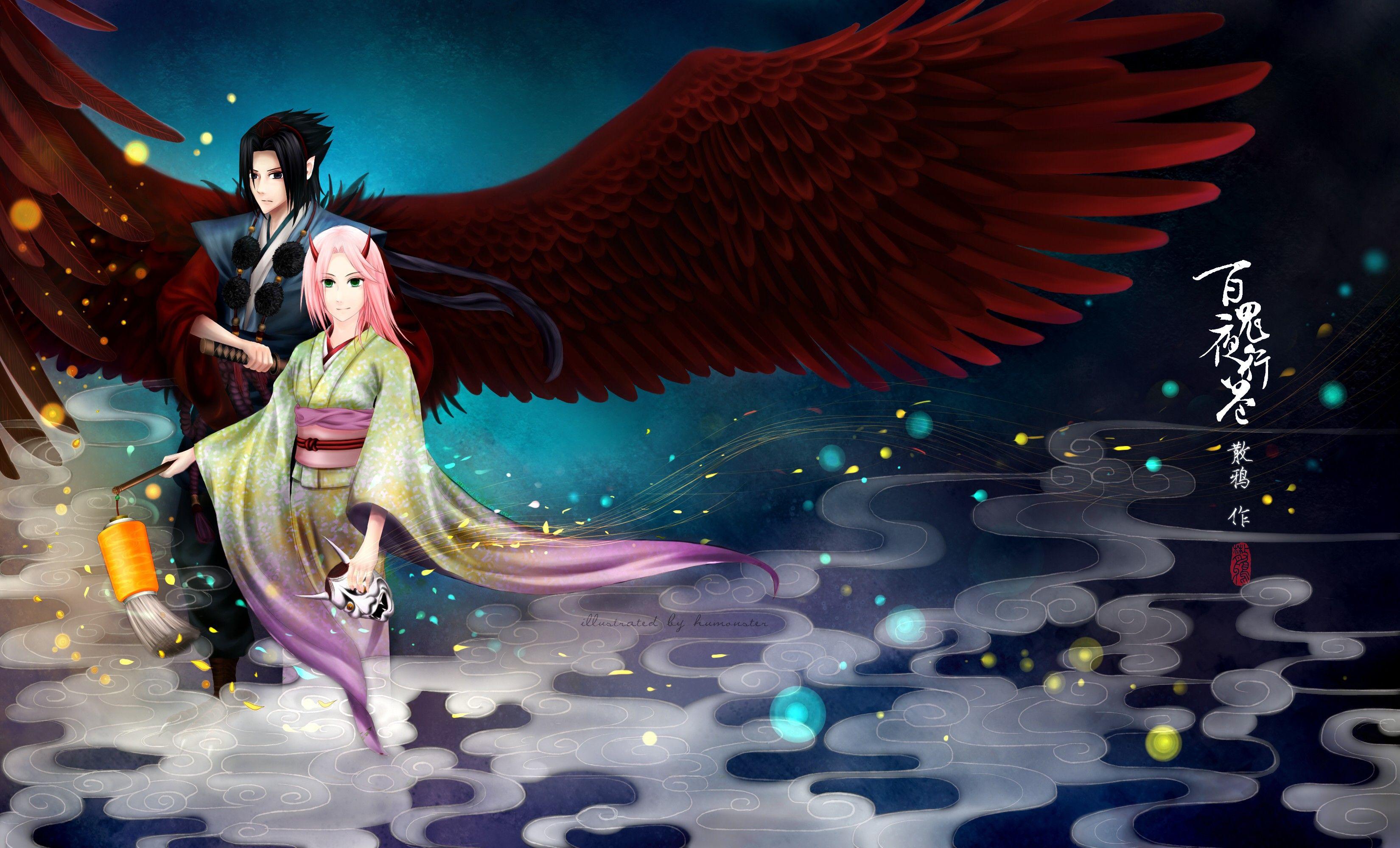 3300x2000 wings, Haruno, Sakura, Uchiha, Sasuke, Naruto, Shippuden, Kimono, Artwork, Traditional, Dressing, Fan, Art Wallpaper HD / Desktop and Mobile Background
