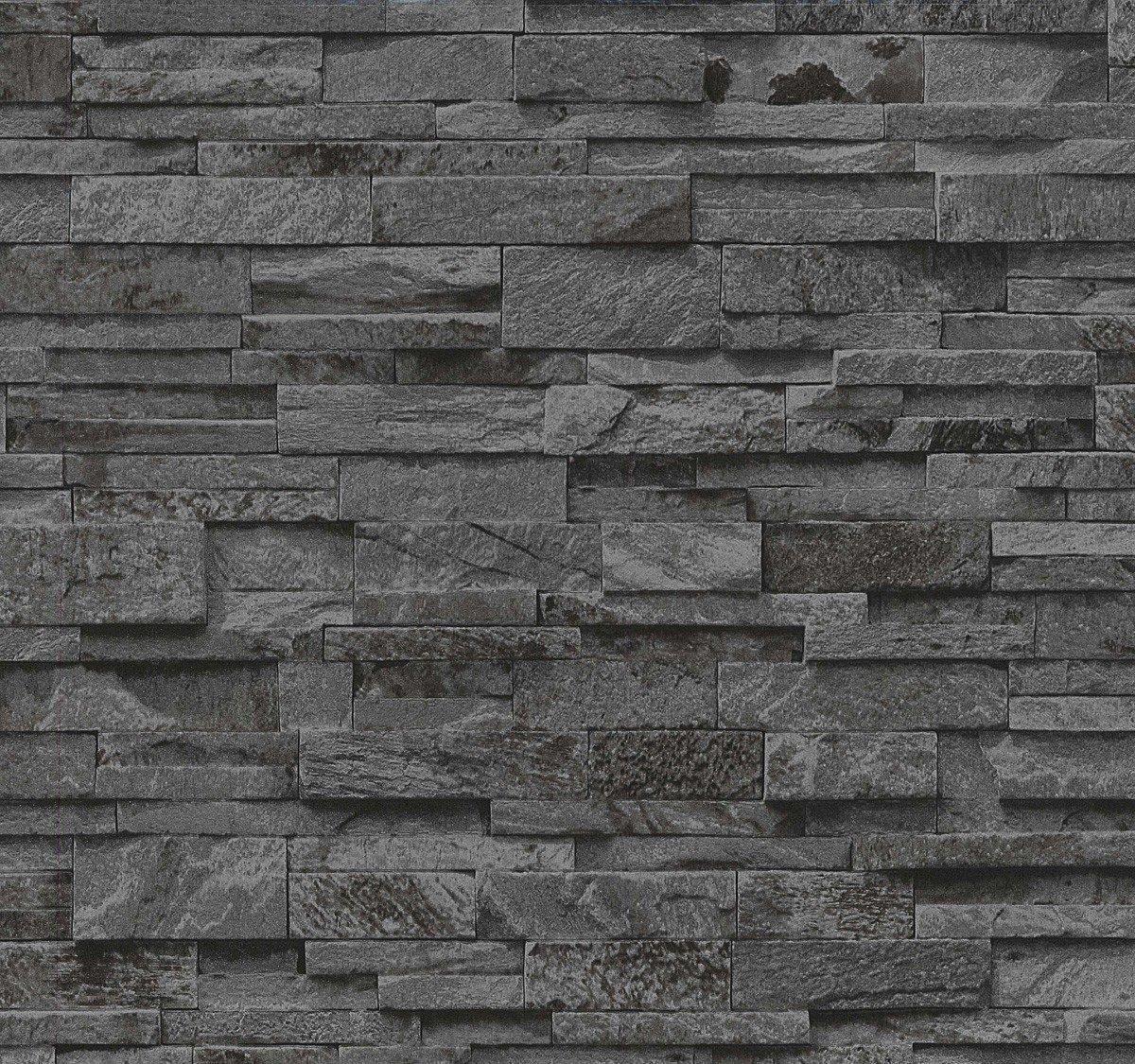 1200x1125 Erismann 3D Effect Dark Grey Slate Stone Brick Effect Wallpaper Vinyl Washable