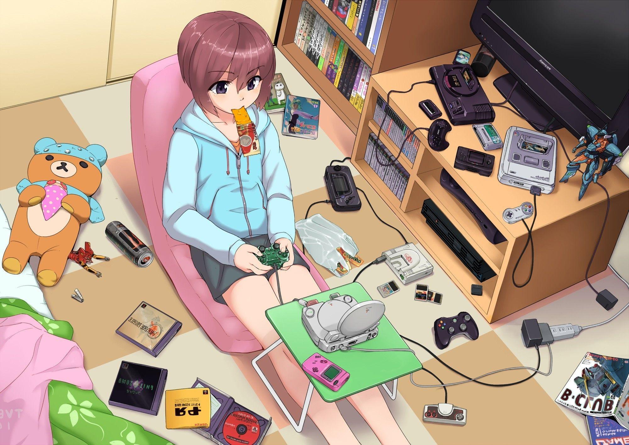 2000x1416 anime, Brunette, Purple Eyes, Room, Original Characters, PlayStation, Nintendo Entertainment System, Xbox PlayStation 2 Wallpaper HD / Desktop and Mobile Background