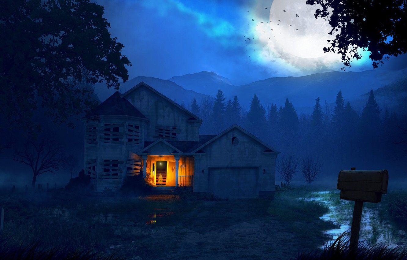 1332x850 Wallpaper forest, mountains, night, house, The house and the ghost image for desktop, section рендеринг
