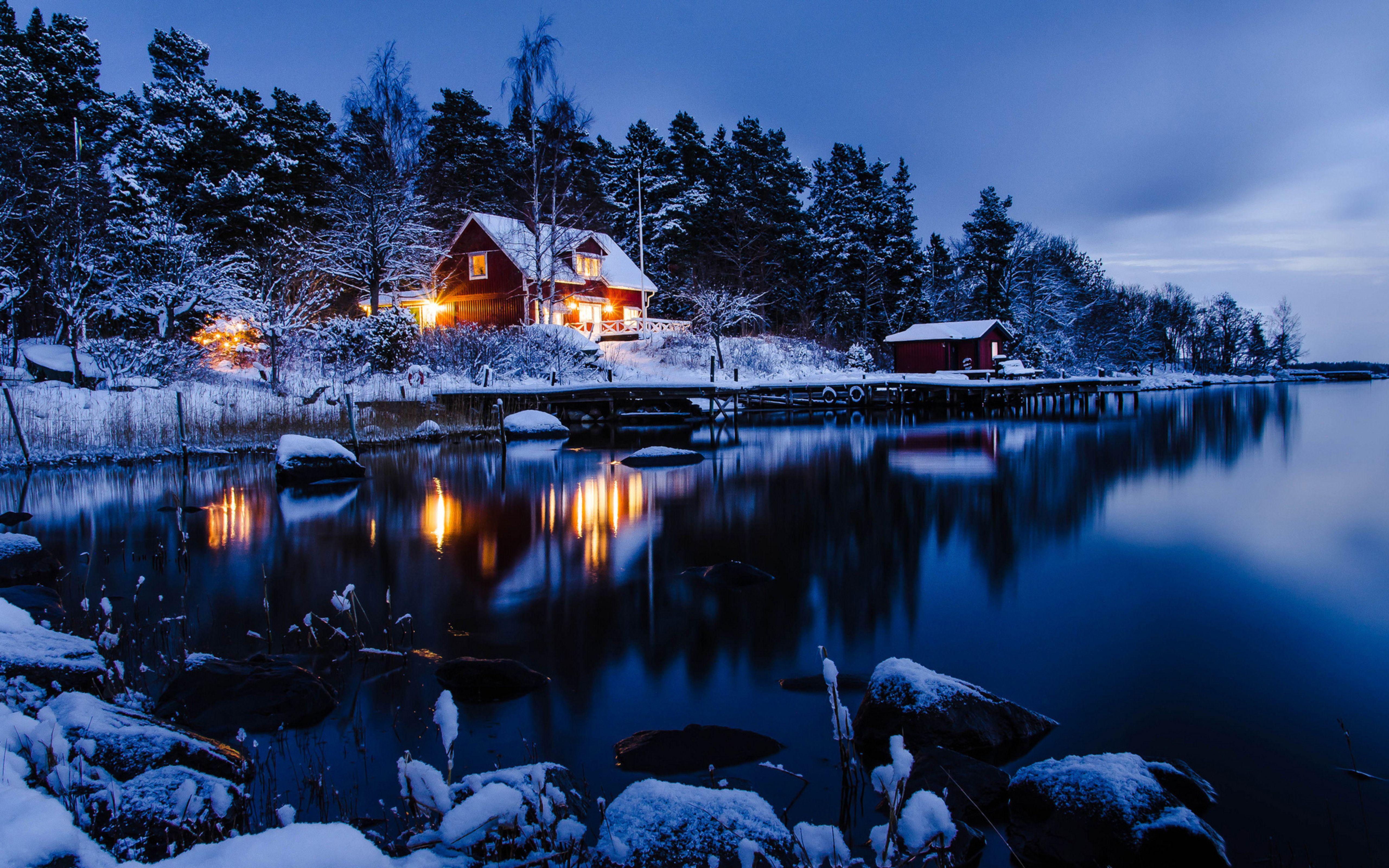 5120x3200 Earth House Lake Night Reflection Snow Winter Wallpaper:5120x3200
