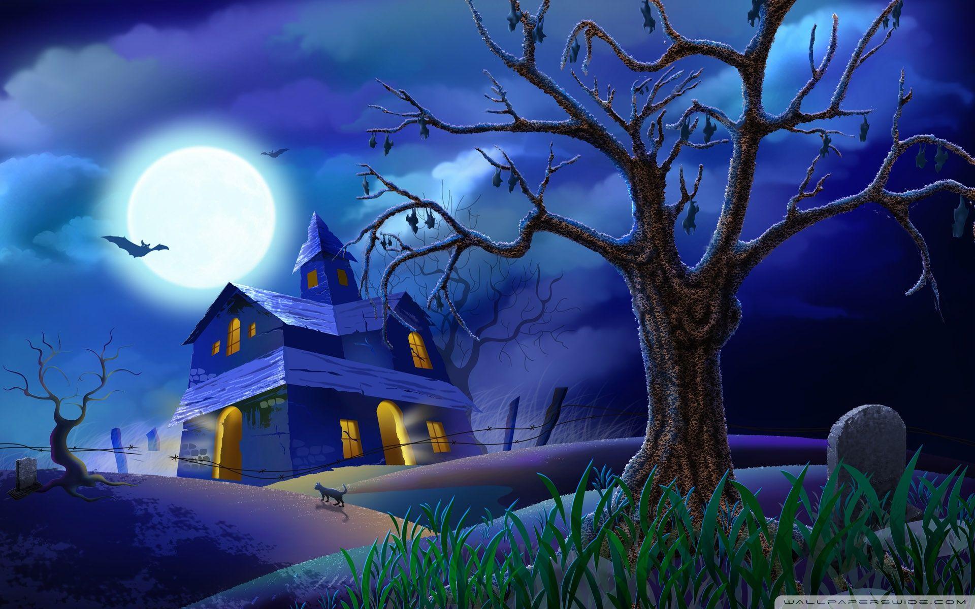 1920x1200 Spooky House Bats Cat Night Full Moon Hallowmas Halloween Ultra HD Desktop Background Wallpaper for 4K UHD TV : Widescreen & UltraWide Desktop & Laptop : Tablet