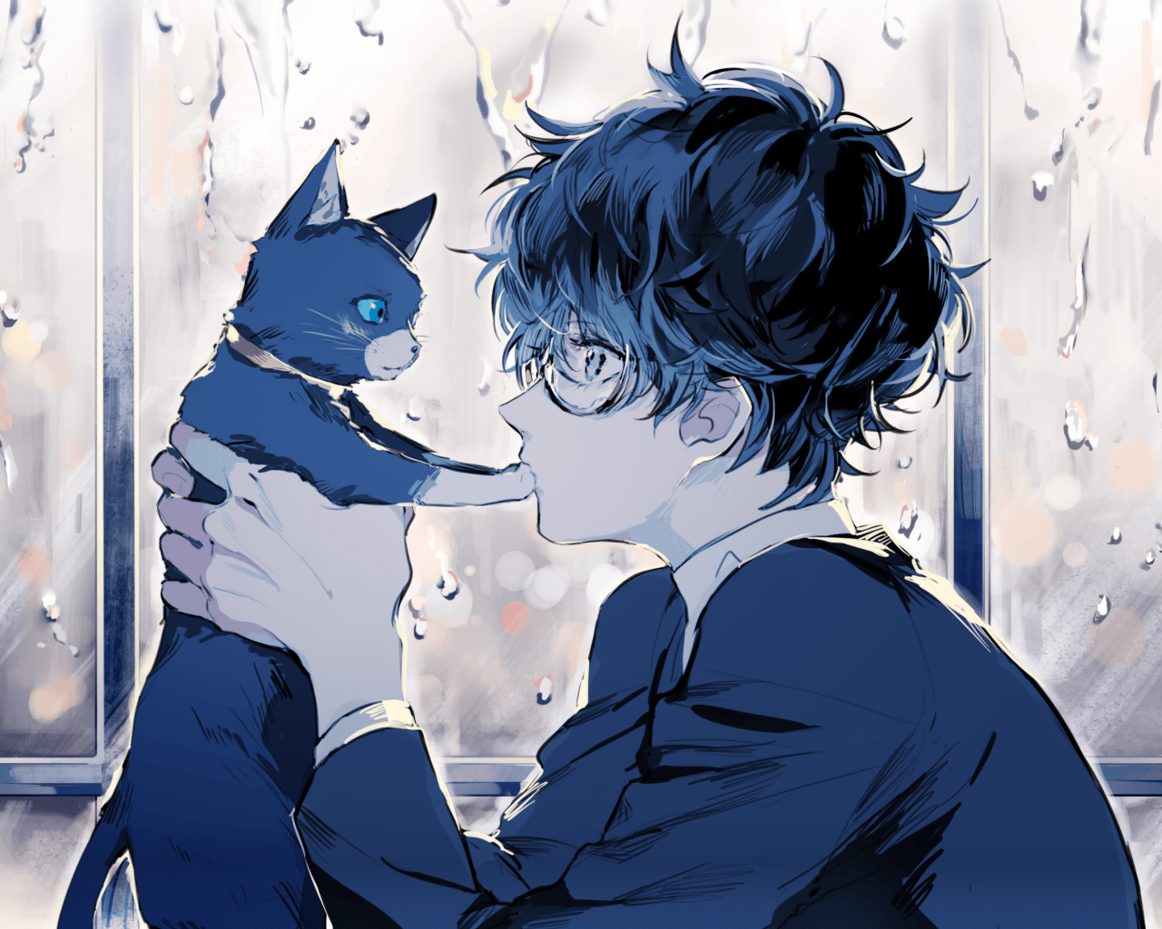 1280x1024 Download 1280x1024 Persona Kurusu Akira, Anime Boy, Cat, Glasses
