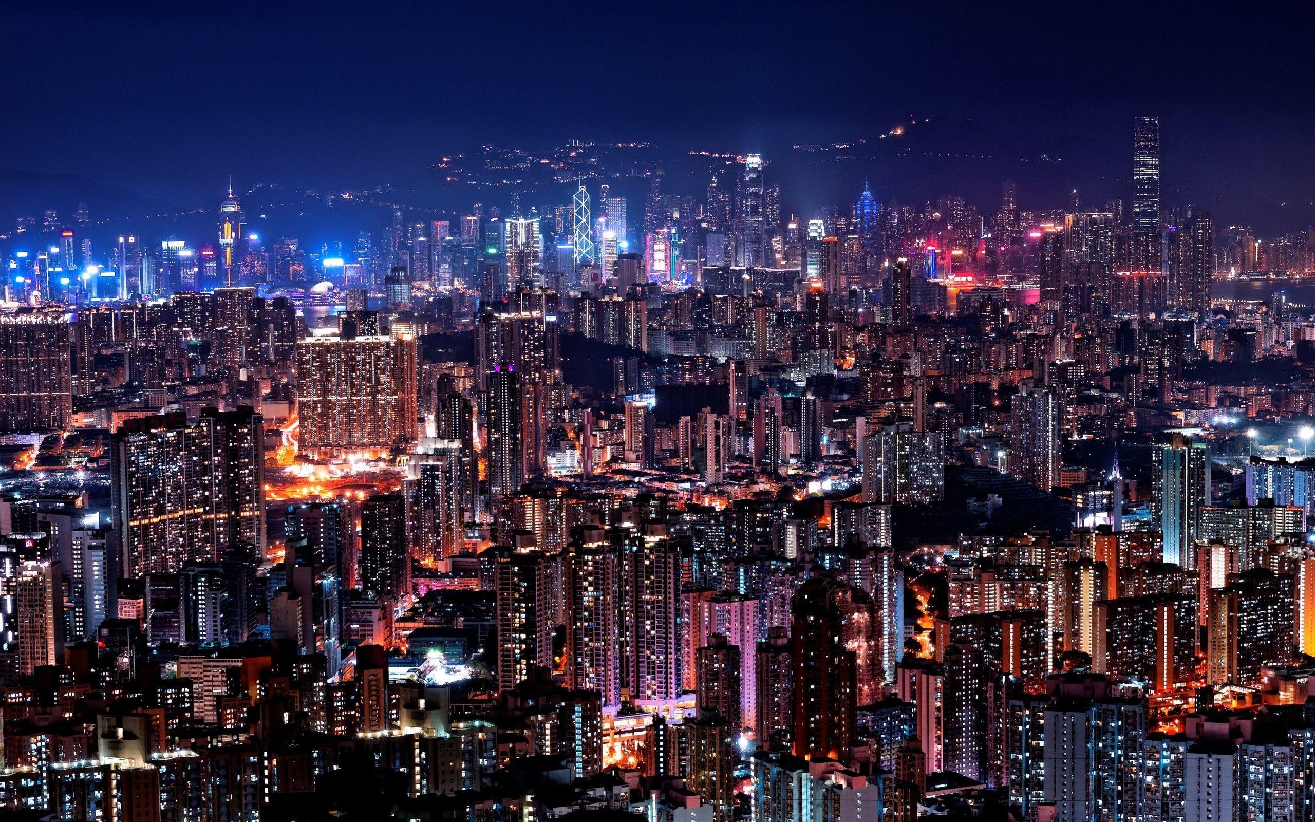 2560x1600 Download 2560x1600 Hong Kong, Cityscape, Skyline, Night, Beautiful, Skyscrapers, Lights, Modern Architecture Wallpaper for MacBook Pro 13 inch
