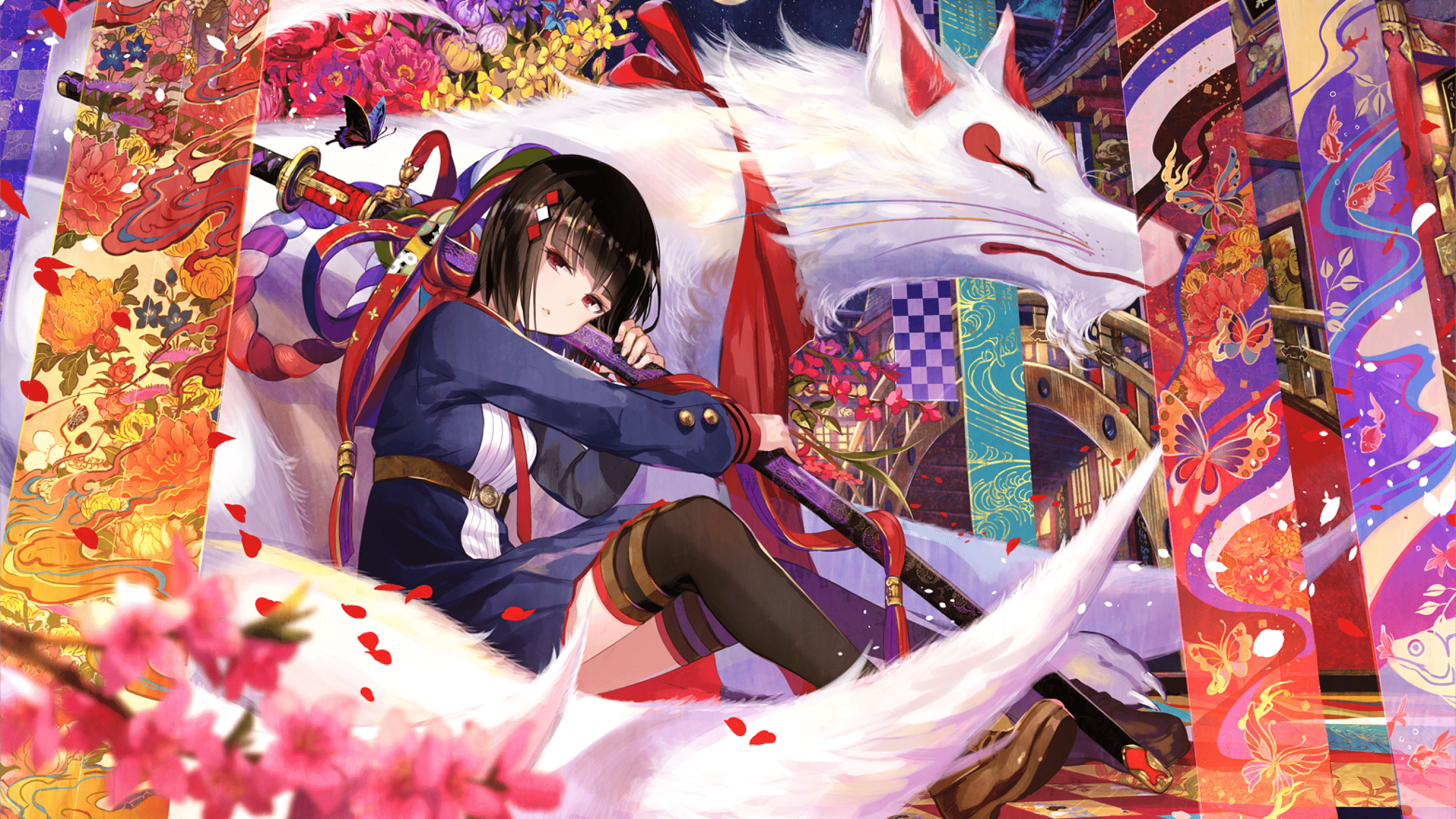 2560x1440 Download 2560x1440 Anime Girl, Shrine, Katana, White Fox, Colorful, Moon, Night, Black Hair, Red Eyes Wallpaper for iMac 27 inch