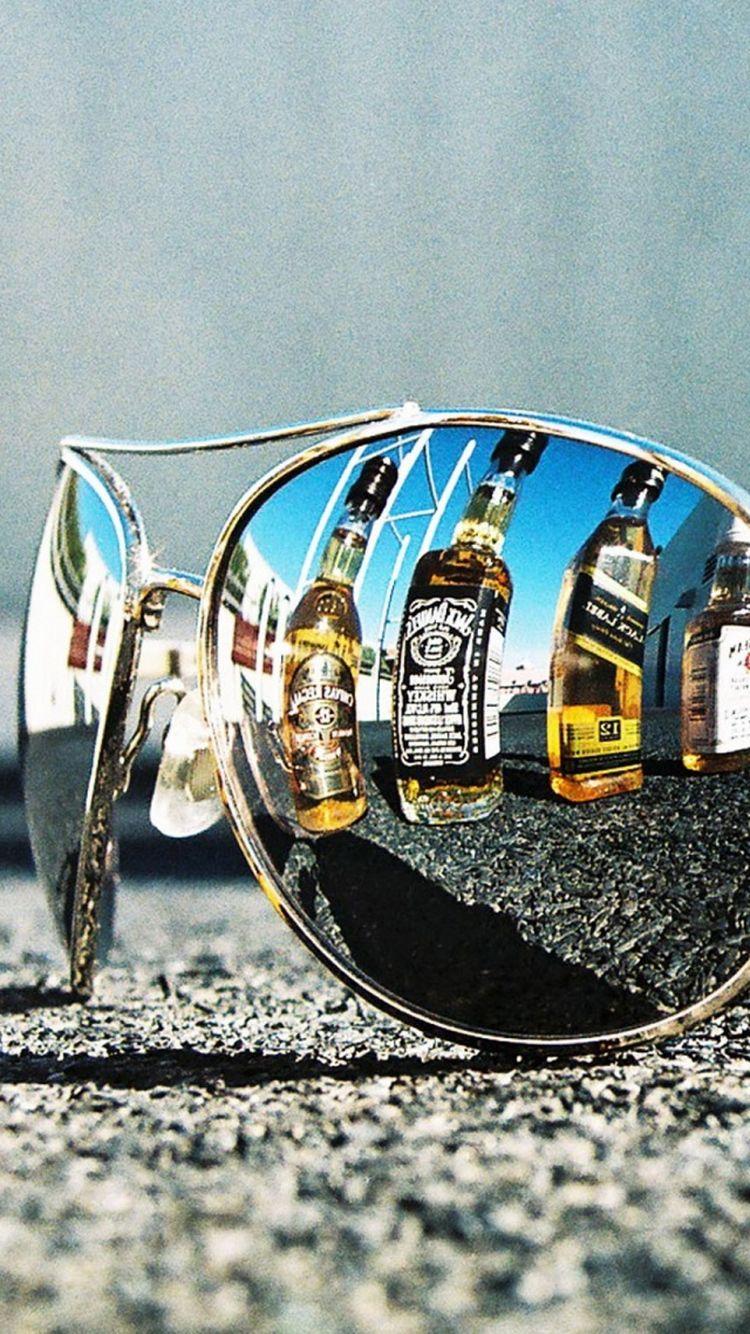 750x1334 Sunglasses Whiskey Bottles Reflection iPhone 6 Wallpaper HD
