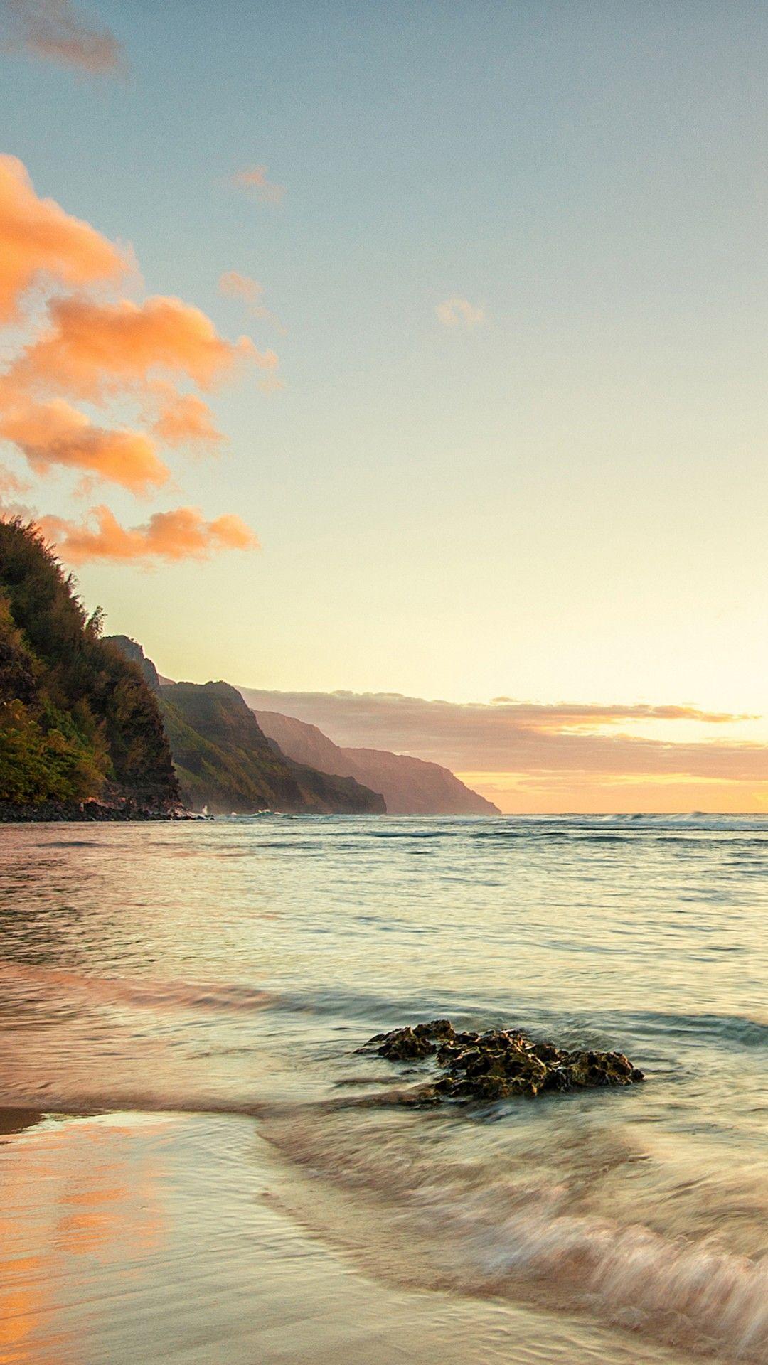 1080x1920 Wallpaper Hawaii, 4k, HD wallpaper, Ke'e beach, island, Kauai, sky, sea, ocean, water, sunset, sunrise, rocks, sun, clouds, Nature