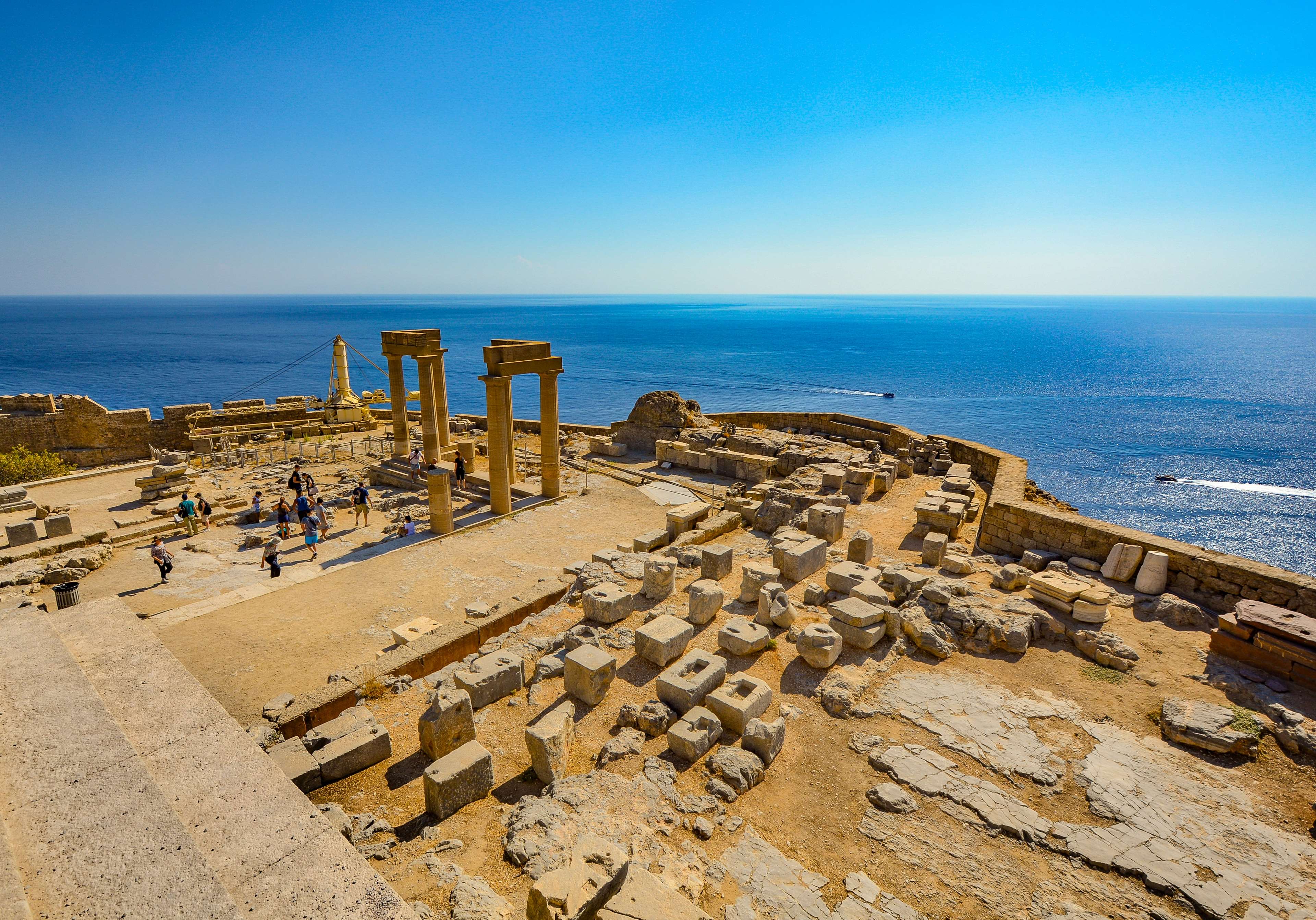 3840x2686 aegean, ancient, blue, cliff, european, greece, greek, island, lindos, mediterranean, rhodes, ruins, sea, temple, view, water 4k wallpaper