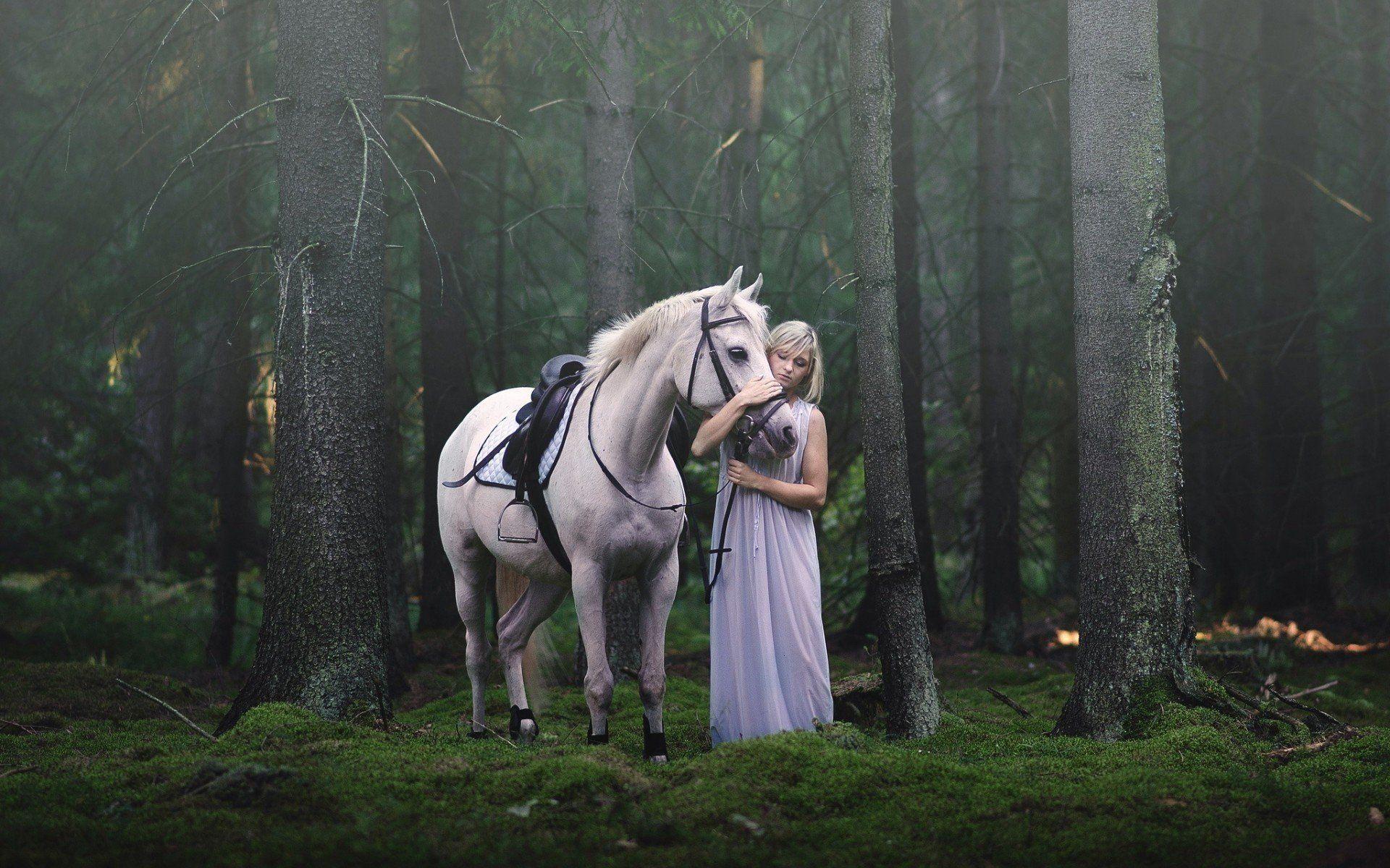 1920x1200 women, Nature, Model, Dress, Women outdoors, Long hair, Blonde, Trees, Forest, Animals, Horse HD Wallpaper / Desktop and Mobile Image & Photo
