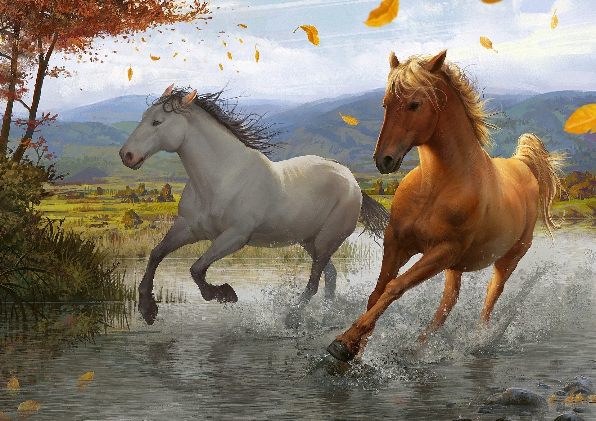 1920x1358 Art foliage wind tree river running spray horse wallpaperx1358