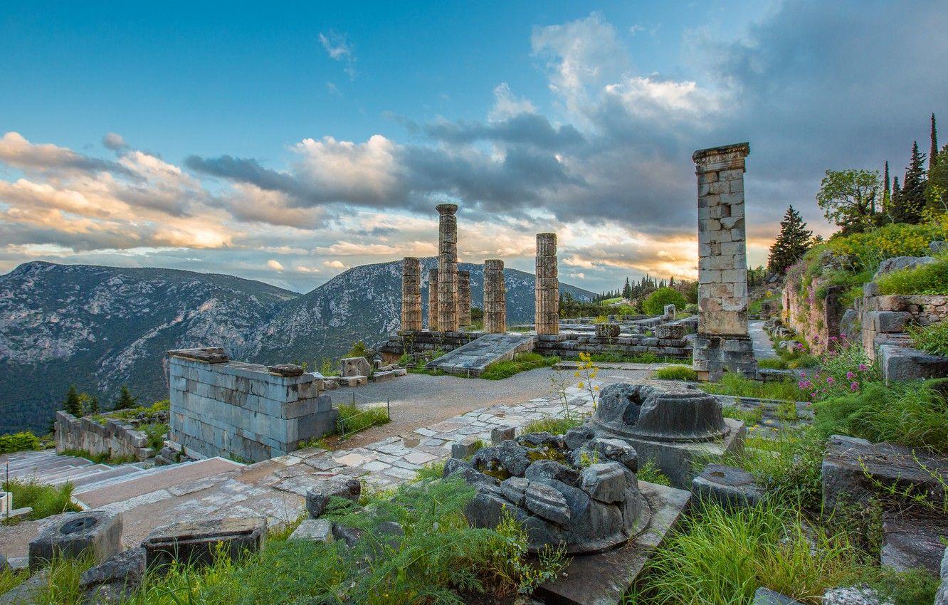 1332x850 Wallpaper mountains, Greece, ruins, column, Delphi image for desktop, section пейзажи