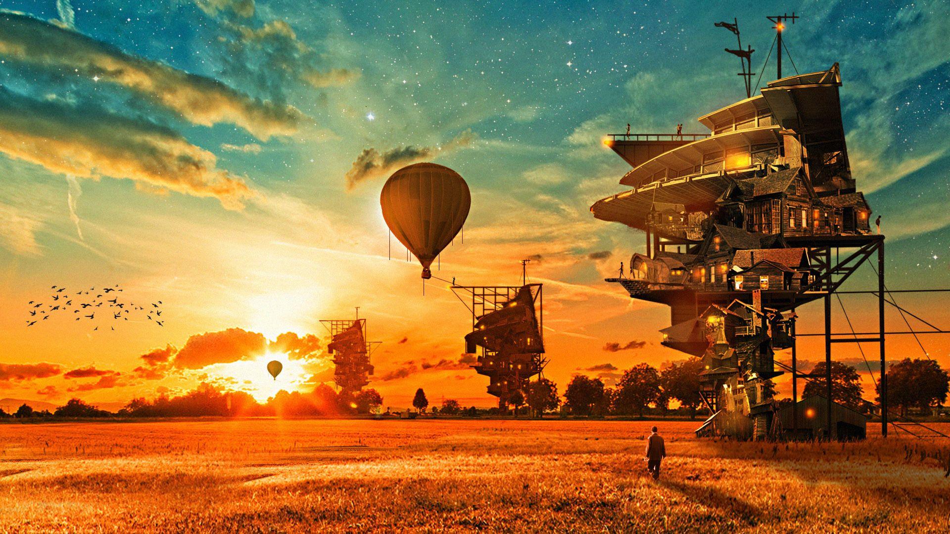 1920x1080 Houses Aerostat Fantasy balloon steampunk wallpaperx1080