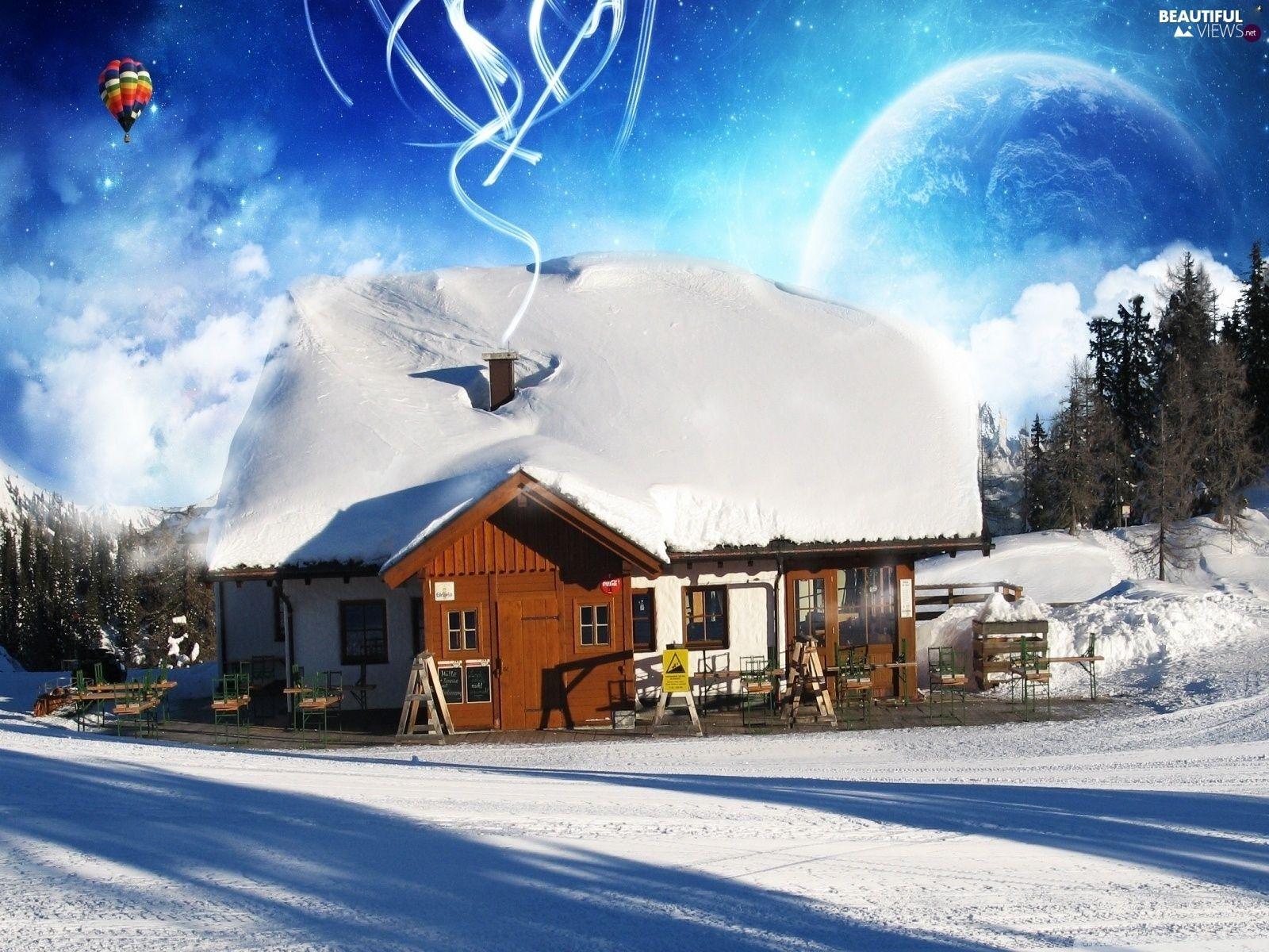 1600x1200 house, Balloon, Way, forest, winter views wallpaper: 1920x1200